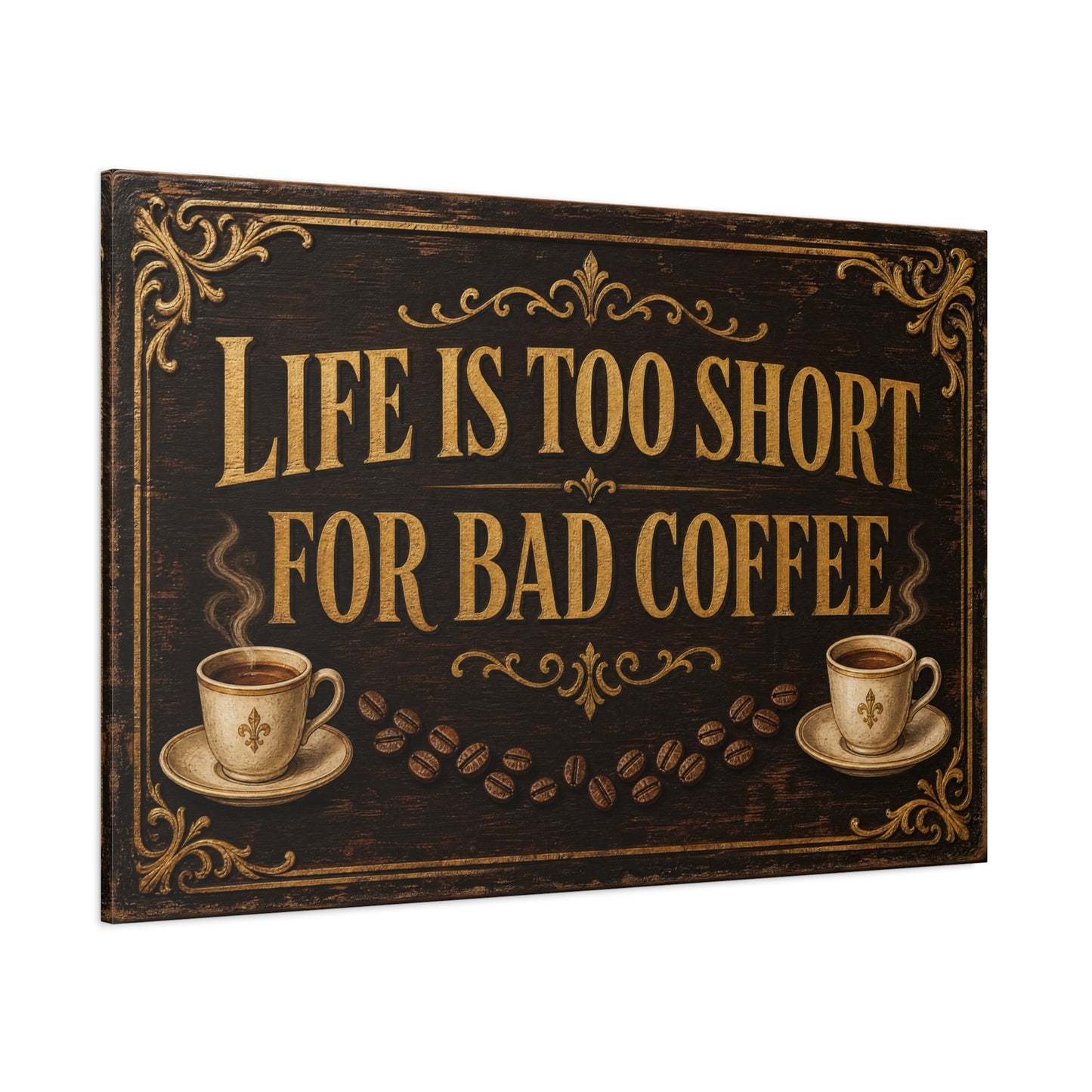 "Life Is Too Short For Bad Coffee" Canvas Wall Art - Vintage Coffee Quote Decor, Rustic Brown Typography Print, Farmhouse Cafe Wall Hanging - Ready to Hang - Bistro Decor - Espresso Bar Sign
