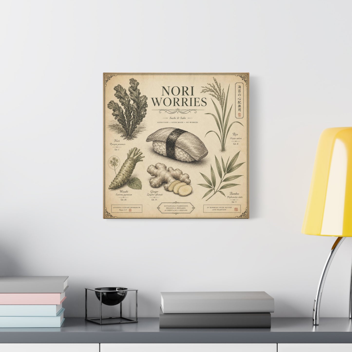 "Nori Worries" Sushi And Sake Canvas Wall Art - Vintage Japanese Culinary Herbarium Print, Rice Nori Wasabi Ginger Bamboo Illustration - Kitchen Wall Decor, Dining Room Accent - Modern Farmhouse Style