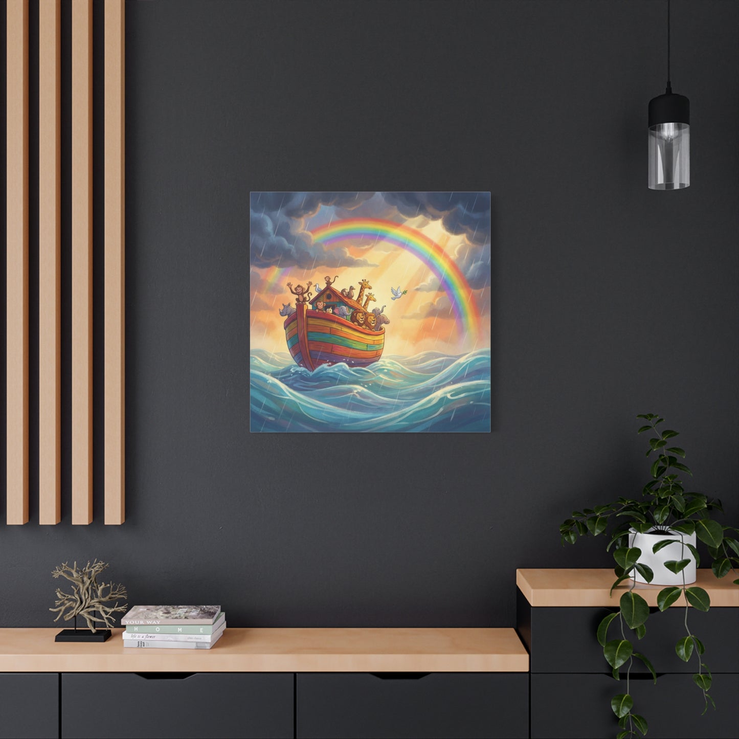Noahs Ark Canvas Wall Art - Rainbow Animal Boat Nursery Decor - Cotton Canvas Print, Kids Bedroom Home Decoration, Playroom Wall Hanging, Biblical Story Illustration, Classroom Accent - Ready to Hang