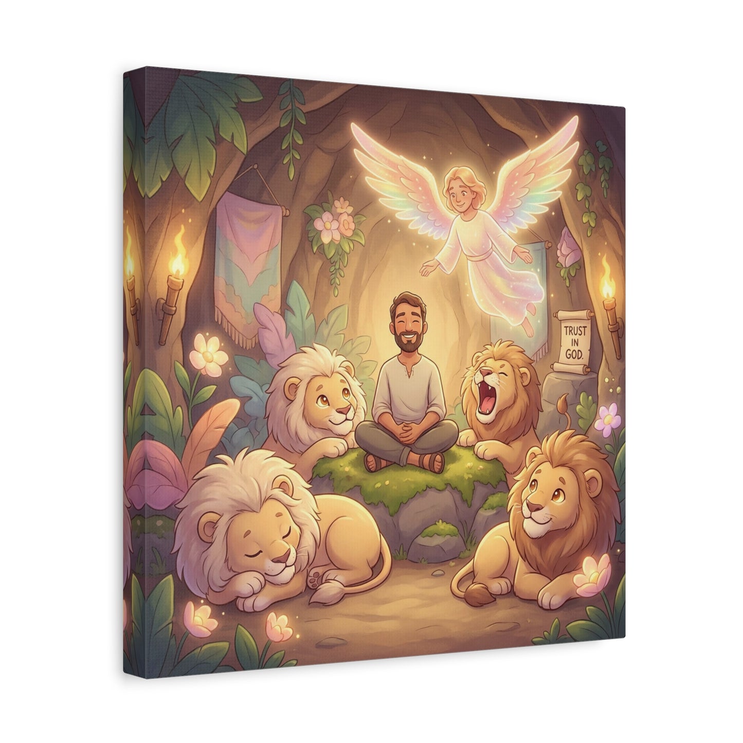 "Trust In God" Christian Canvas Wall Art - Angel, Man With Lions Cave Scene - Pastel Nursery Decor, Matte Cotton Print - Kids Bedroom Wall Decor, Playroom Home Decoration - Ready to Hang