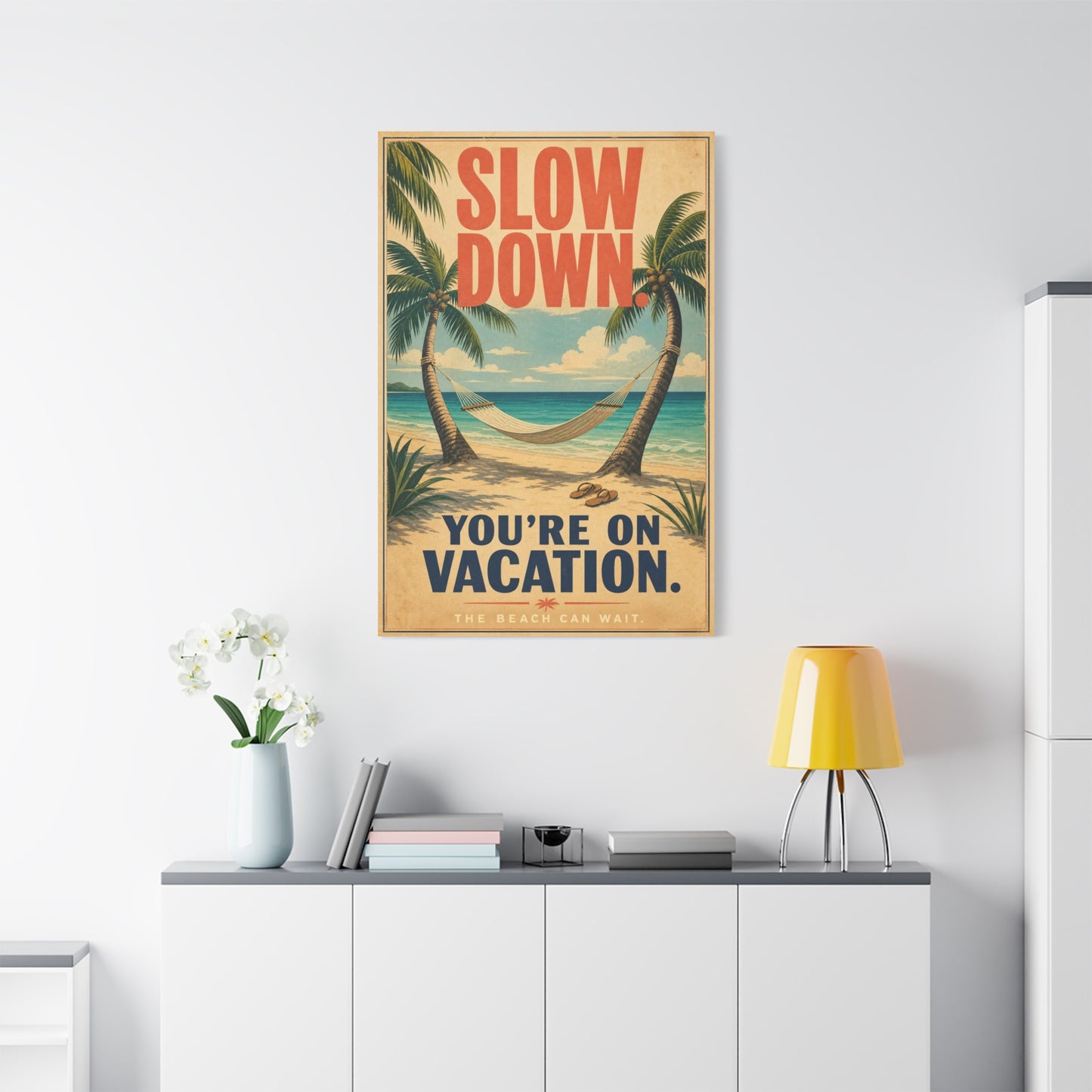 "Slow Down. You're On Vacation. The Beach Can Wait." Beach Canvas Wall Art - Tropical Palm Hammock Coastal Print - Vintage Typography Style - Bedroom Wall Decor, Vacation Rental Accent - Ready to Hang