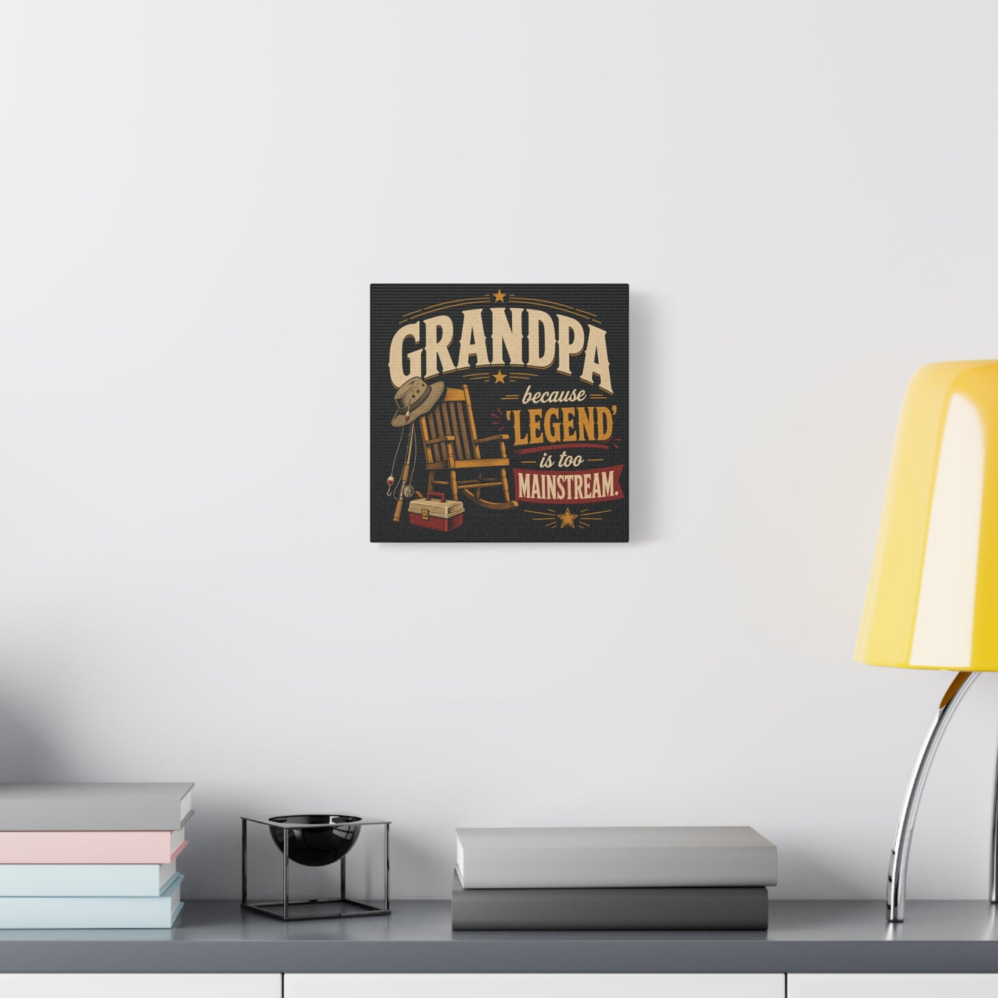 "Grandpa Because 'Legend' Is Too Mainstream" Canvas Wall Art - Vintage Fishing Rocking Chair Print - Rustic Typography Decor - Living Room Wall Decor - Ready to Hang - Bedroom Home Decoration