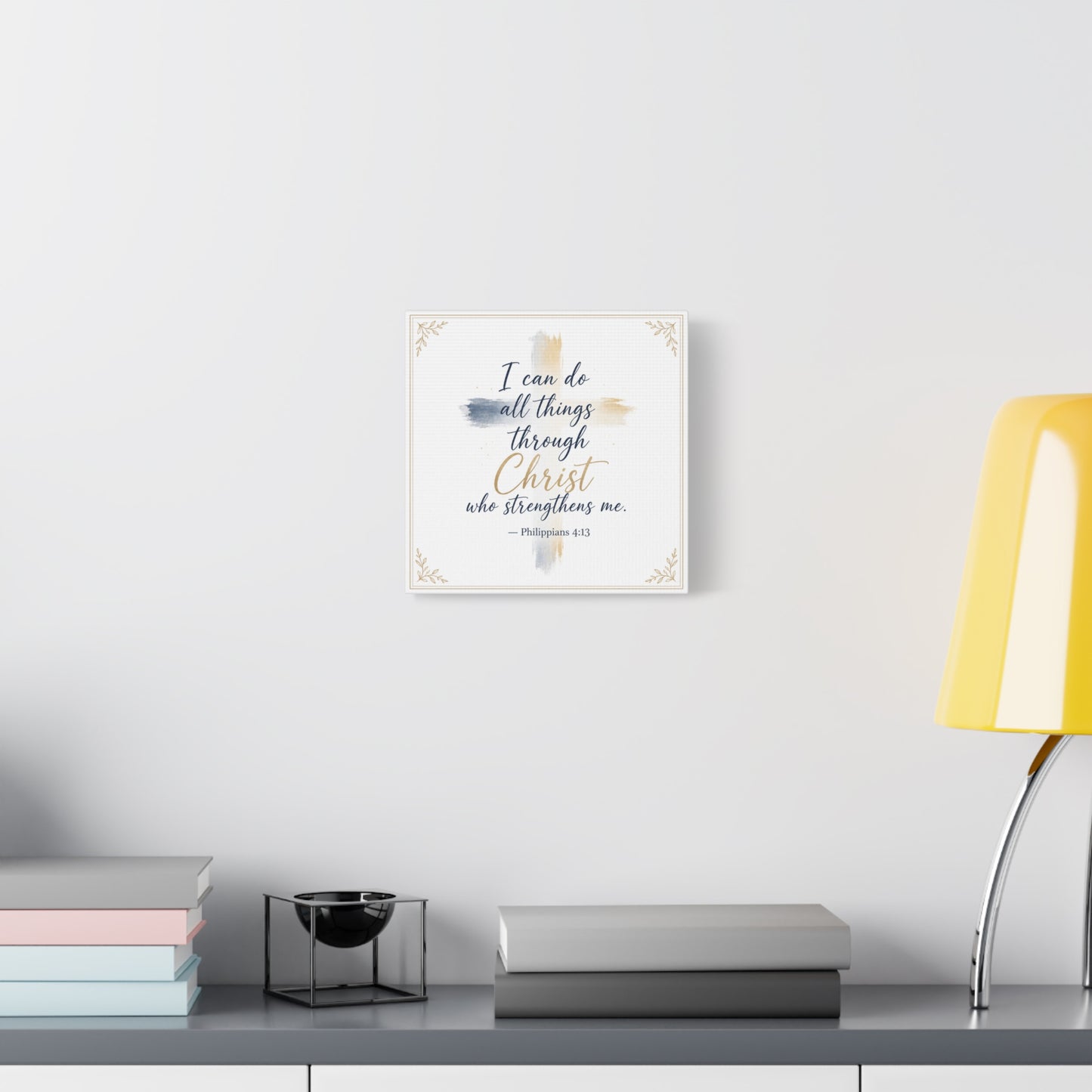 "I Can Do All Things Through Christ Who Strengthens Me. - Philippians 4:13" Christian Canvas Wall Art - Blue And Gold Scripture Quote Print - Traditional Typography - Bedroom Decor - Office Wall Art