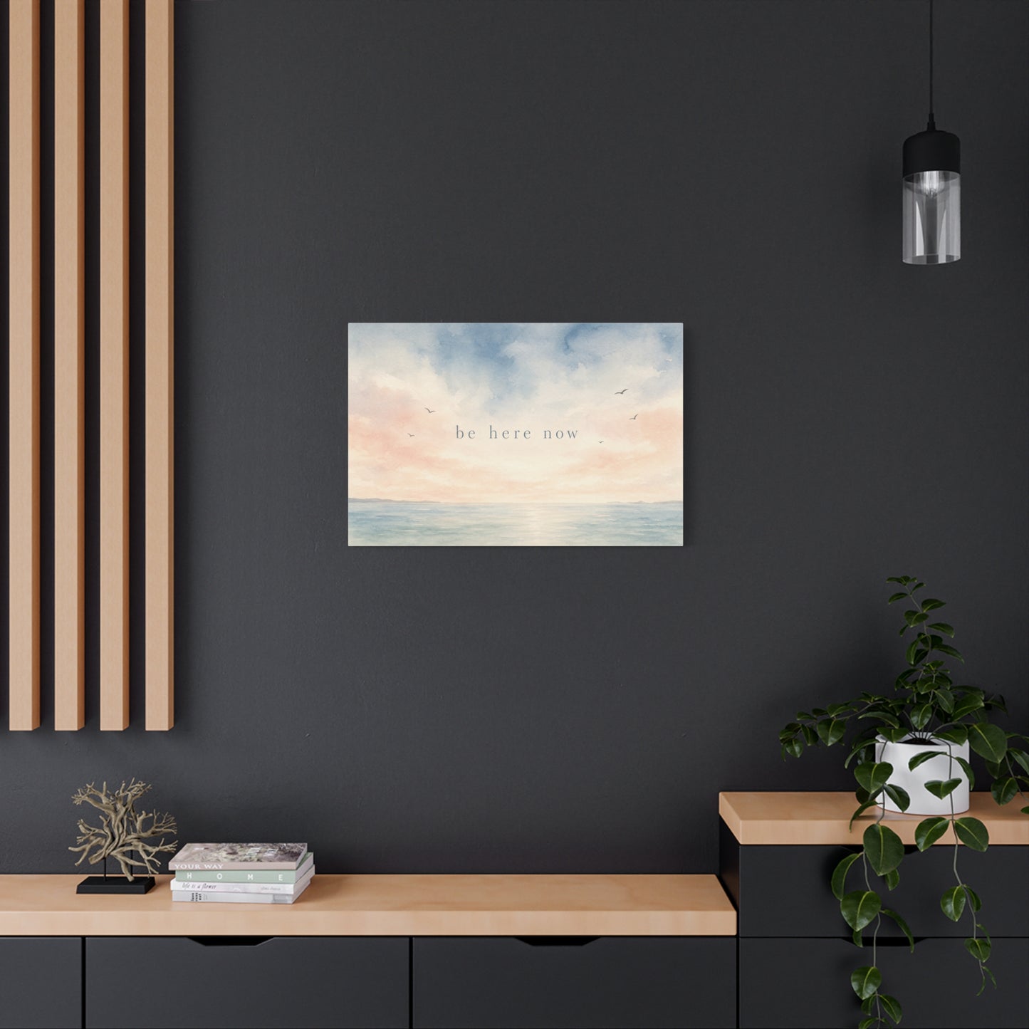 "Be Here Now" Coastal Canvas Wall Art - Pastel Ocean Seascape With Birds - Minimalist Inspirational Wall Decor - Serene Bedroom Home Decoration - Meditation Space Office Art - Bedroom Home Decoration