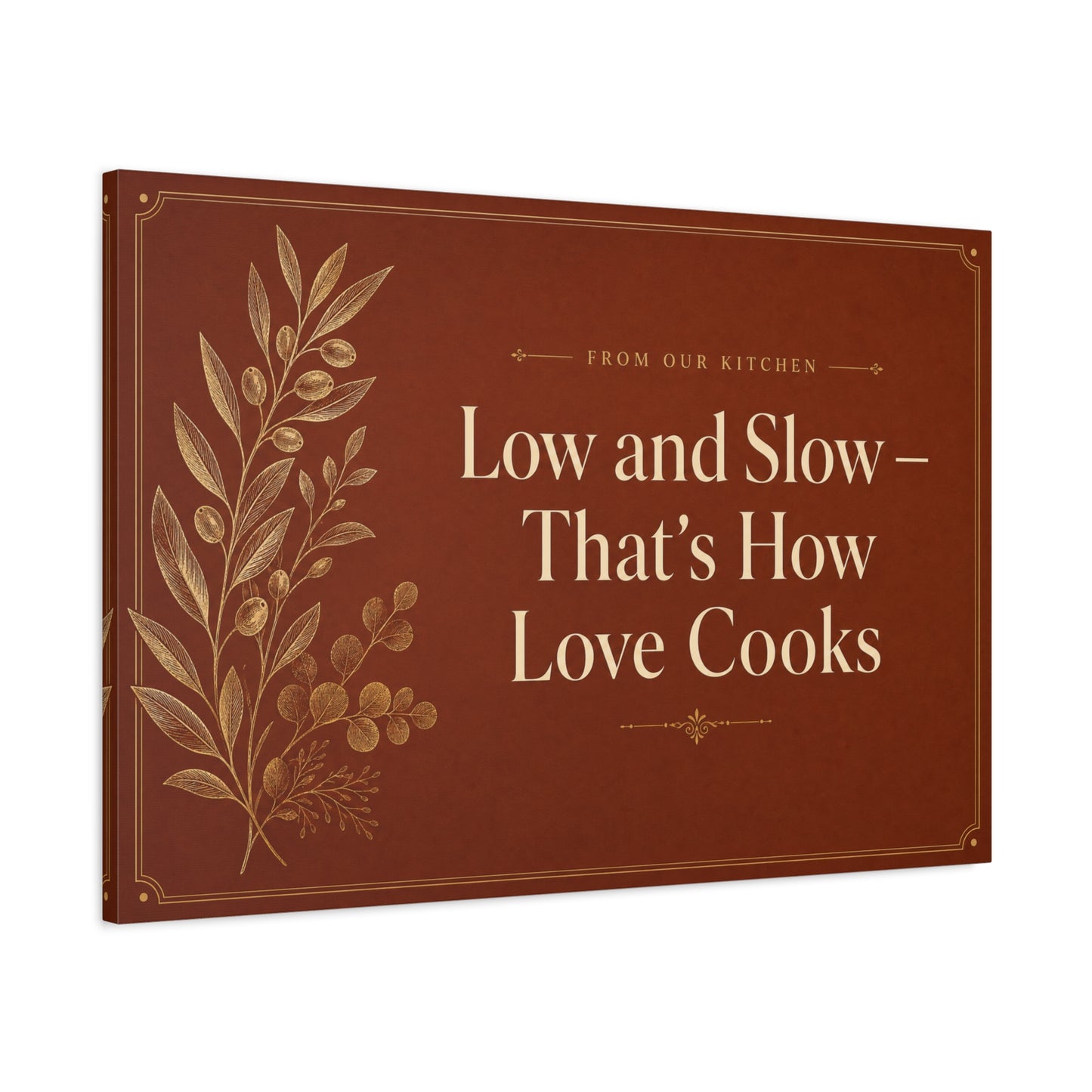 "Low And Slow - That's How Love Cooks" Kitchen Canvas Wall Art - Rustic Typography Botanical Print - Brown Farmhouse Dining Room Decor - Office Wall Art - Bedroom Home Decoration - Ready to Hang