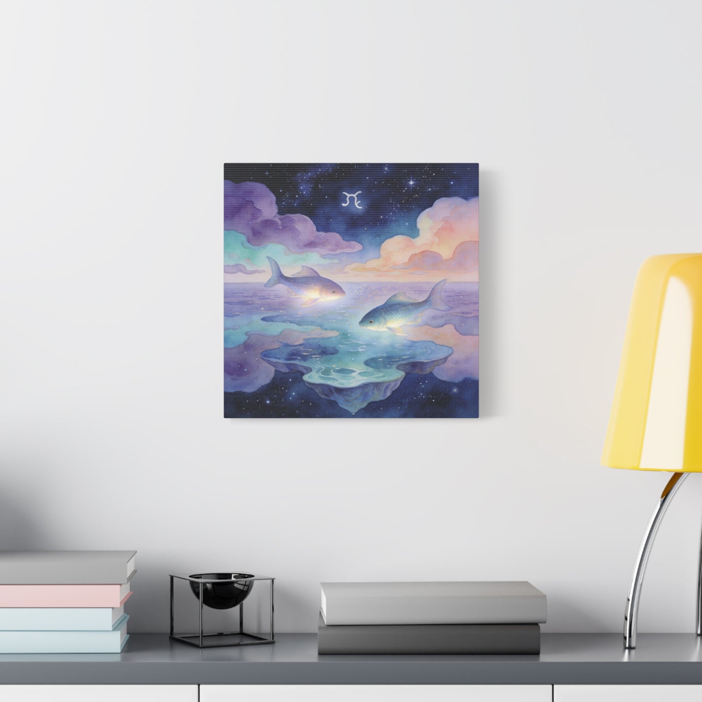 Pisces Zodiac Canvas Wall Art - Celestial Fish Over Dreamlike Sea, Watercolor Illustration - Mystical Night Sky, Matte Canvas Print - Bedroom Wall Decor, Meditation Space Accent - Ready to Hang