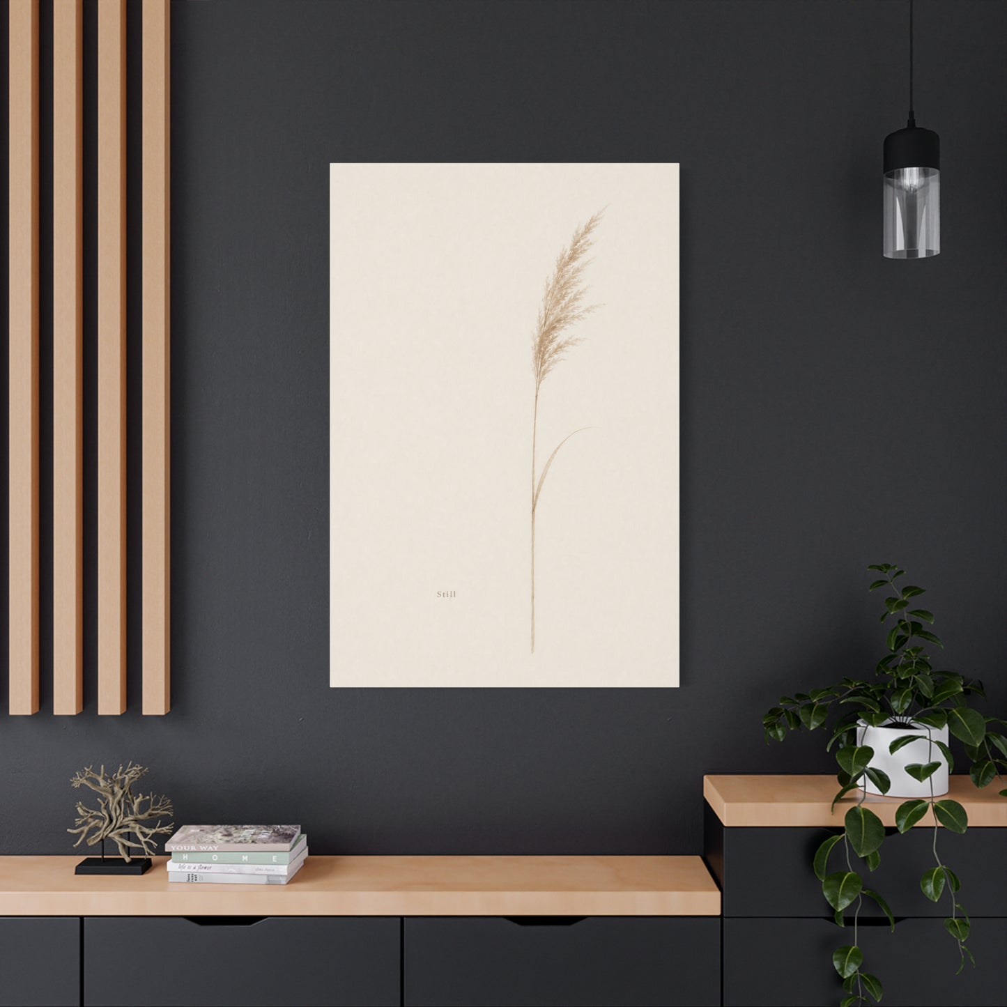 "Still" Minimalist Botanical Canvas Wall Art - Beige Pampas Grass Print, Neutral Contemporary Home Decor - Bedroom Living Room Decoration - Calm Nature Wall Hanging For Meditation Space
