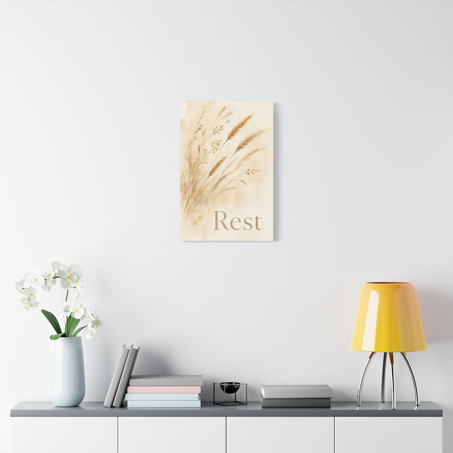 "Rest" Botanical Canvas Wall Art - Neutral Wheat Grass Watercolor Print - Minimalist Beige Farmhouse Decor - Bedroom Wall Hanging - Living Room Home Decoration - Meditation Space Accent
