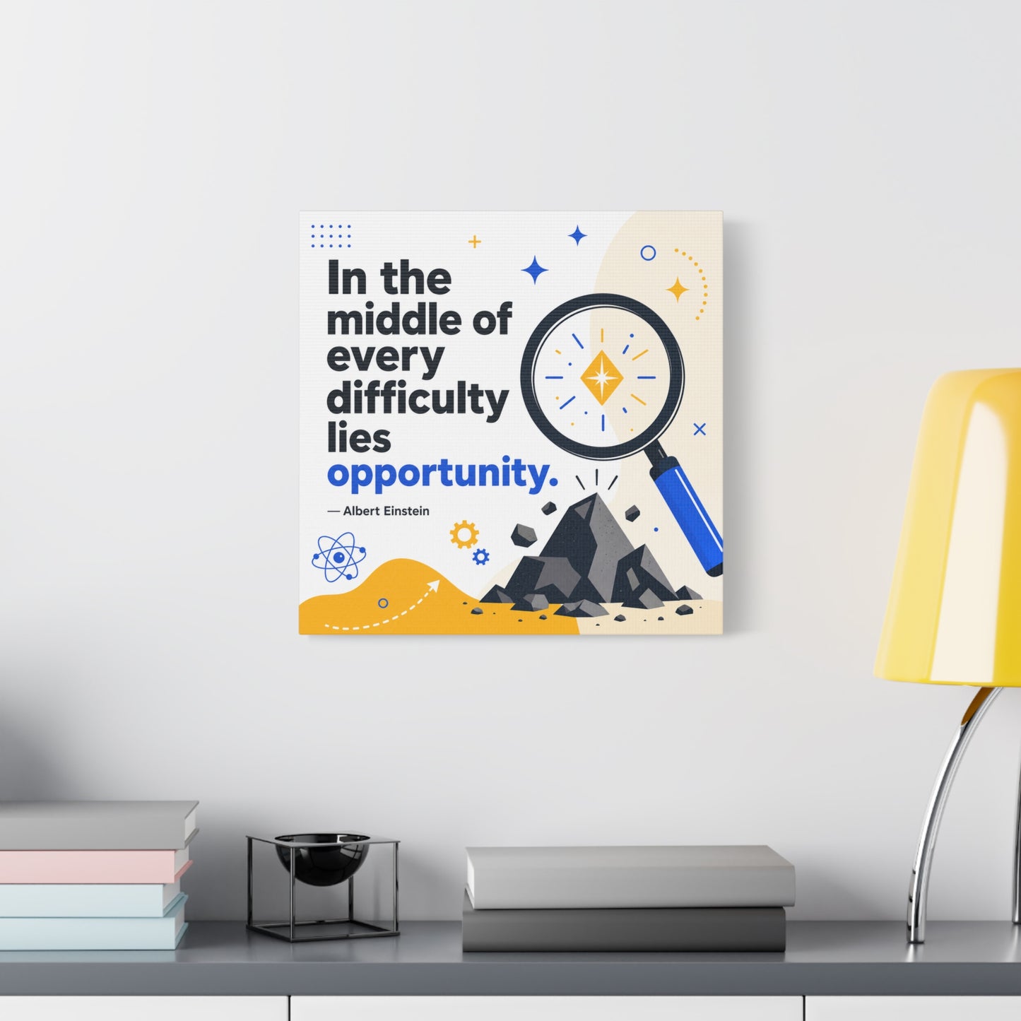 "In The Middle Of Every Difficulty Lies Opportunity." Einstein Canvas Wall Art - Motivational Quote Print, Blue Yellow Modern Typography, Office Decor, Classroom Inspiration, Study Room Accent