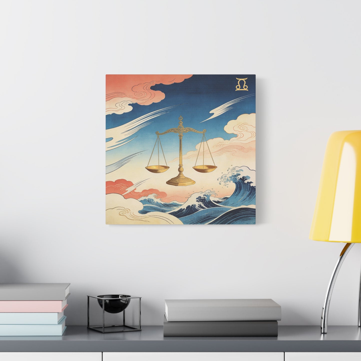 Libra Zodiac Canvas Wall Decor - Vintage Japanese Wave Scales Illustration - Celestial Astrology Print, Gold Balance Symbol, Traditional Style, Bedroom Home Decoration - Living Room Wall Decor