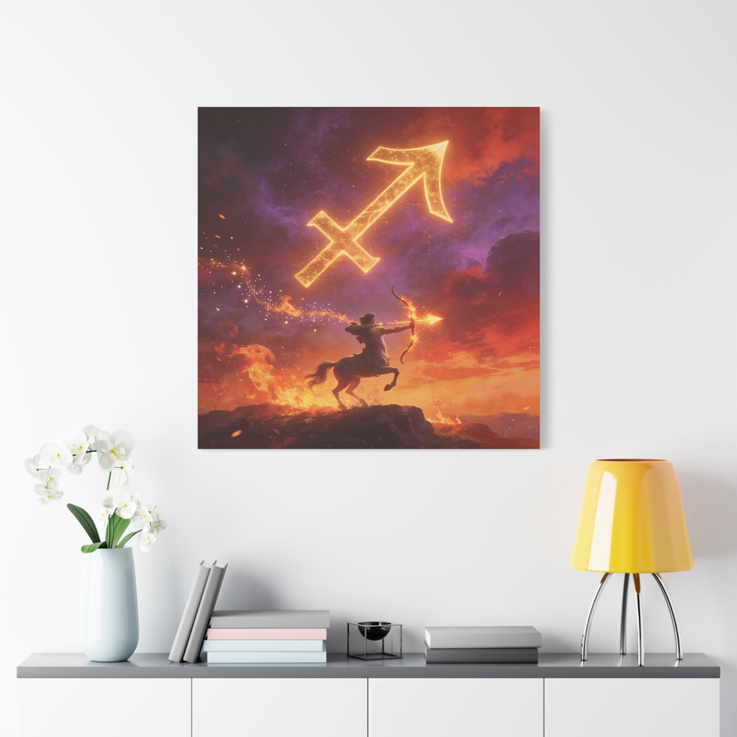 Sagittarius Zodiac Canvas Wall Art - Fiery Centaur Archer Astrology Print, Glowing Constellation Symbol - Matte Canvas Decor - Fantasy Style For Bedroom, Office Wall Art - Bedroom Home Decoration