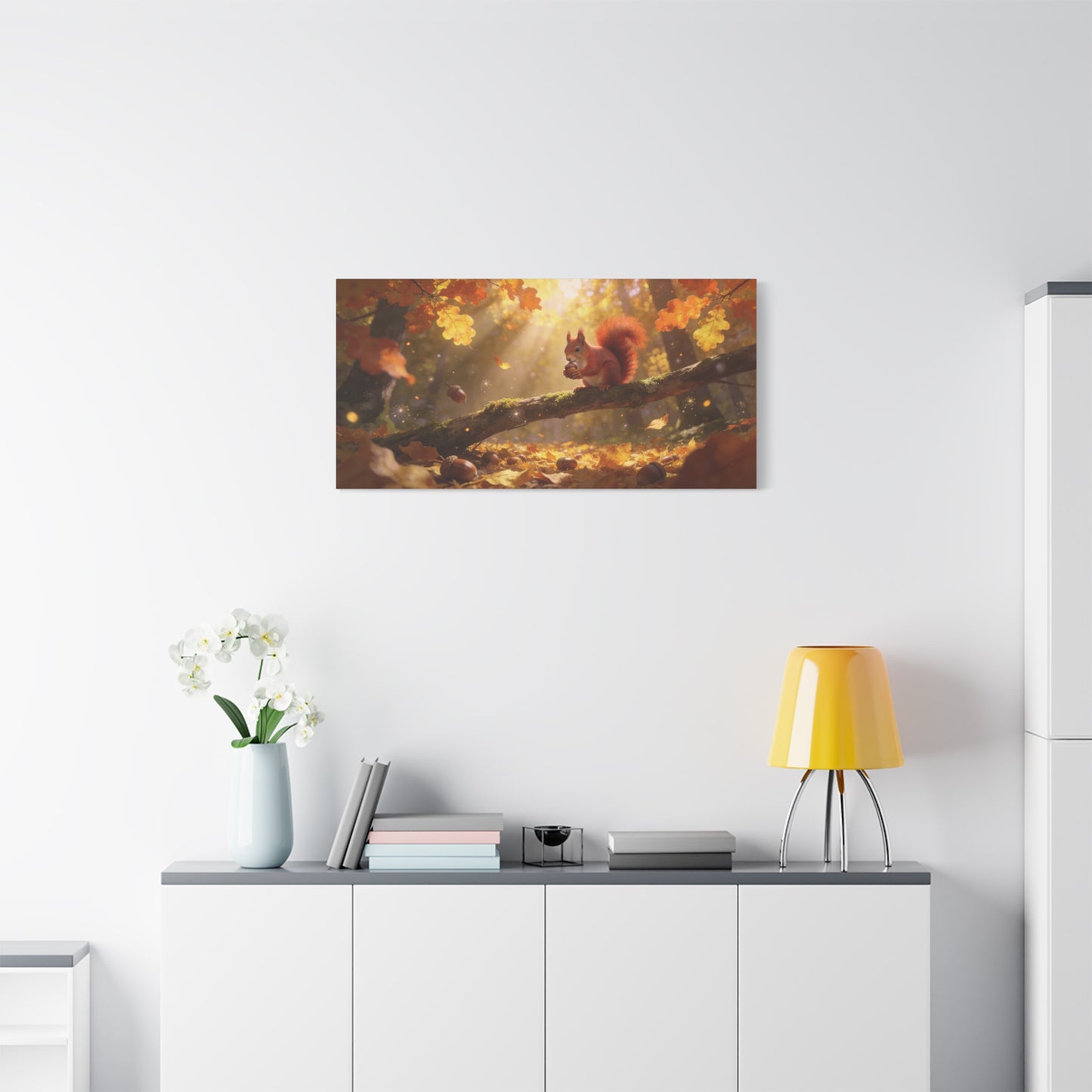 Red Squirrel Canvas Wall Art - Autumn Forest Acorn Scene, Golden Sunlight, Matte Cotton Print - Rustic Woodland Decor, Living Room Accent, Bedroom Decoration, Office Nature Artwork - Office Wall Art