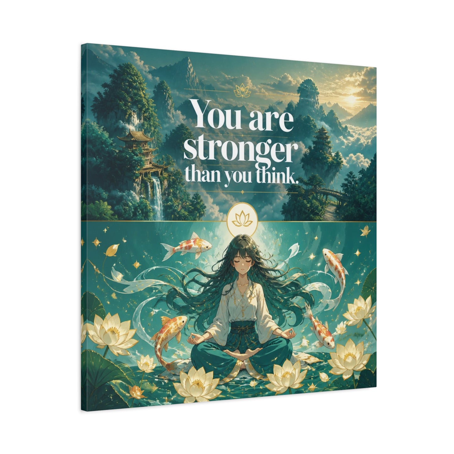 "You Are Stronger Than You Think." Inspirational Canvas Wall Art - Meditating Girl, Koi Fish, Lotus Lake - Zen Fantasy Landscape - Bedroom Wall Decor, Meditation Space, Jellyfish Room Decor