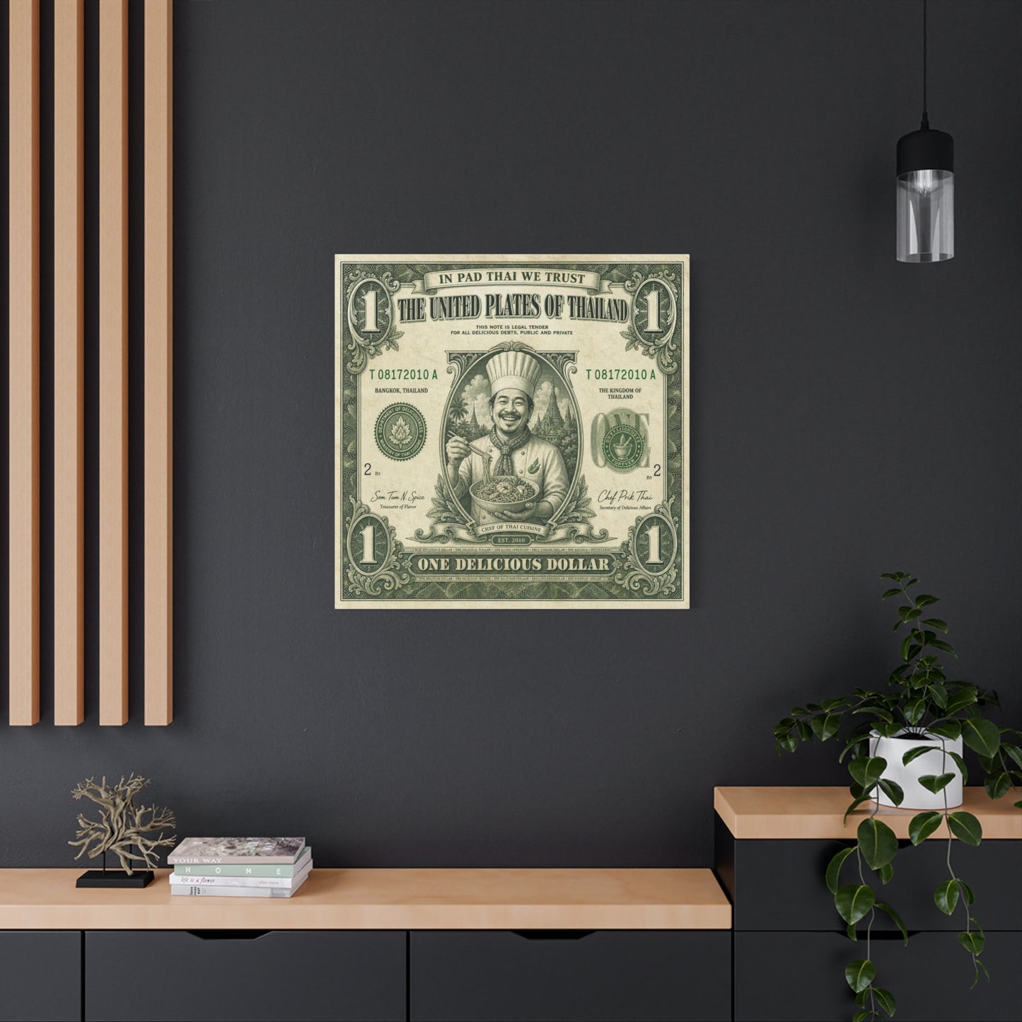 "In Pad Thai We Trust" Typography Canvas Wall Art - Vintage Thai Currency Illustration, Chef Portrait, Bangkok Thailand Food Poster Style - Kitchen Wall Decor, Dining Room Accent - Ready to Hang