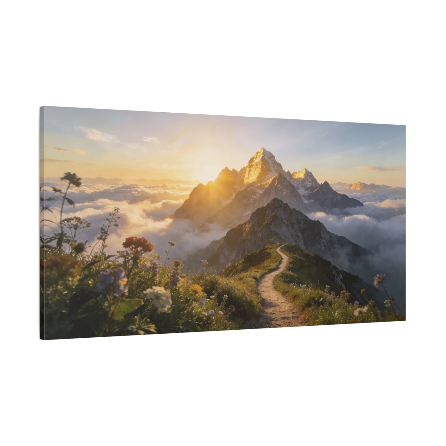 Mountain Sunrise Canvas Wall Art - Alpine Path, Wildflower Meadow, Golden Peak Landscape Print - Matte Scenic Nature Decor - Living Room Wall Decor, Bedroom Home Decoration - Bedroom Home Decoration
