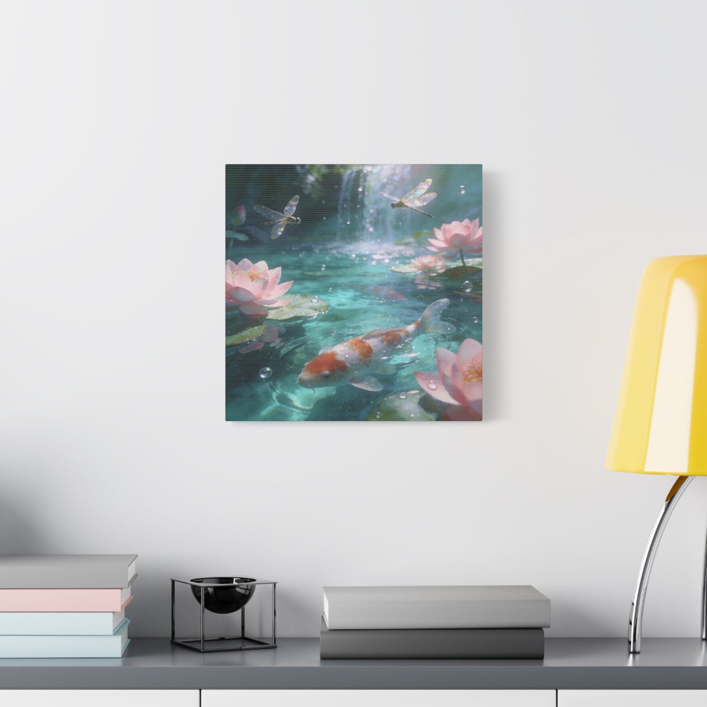 Koi Fish Lotus Canvas Wall Art - Dragonflies Over Teal Pond Water, Pink Water Lily Floral Scene - Dreamy Matte Canvas Print - Bedroom Wall Decor, Living Room Home Accent - Bedroom Home Decoration