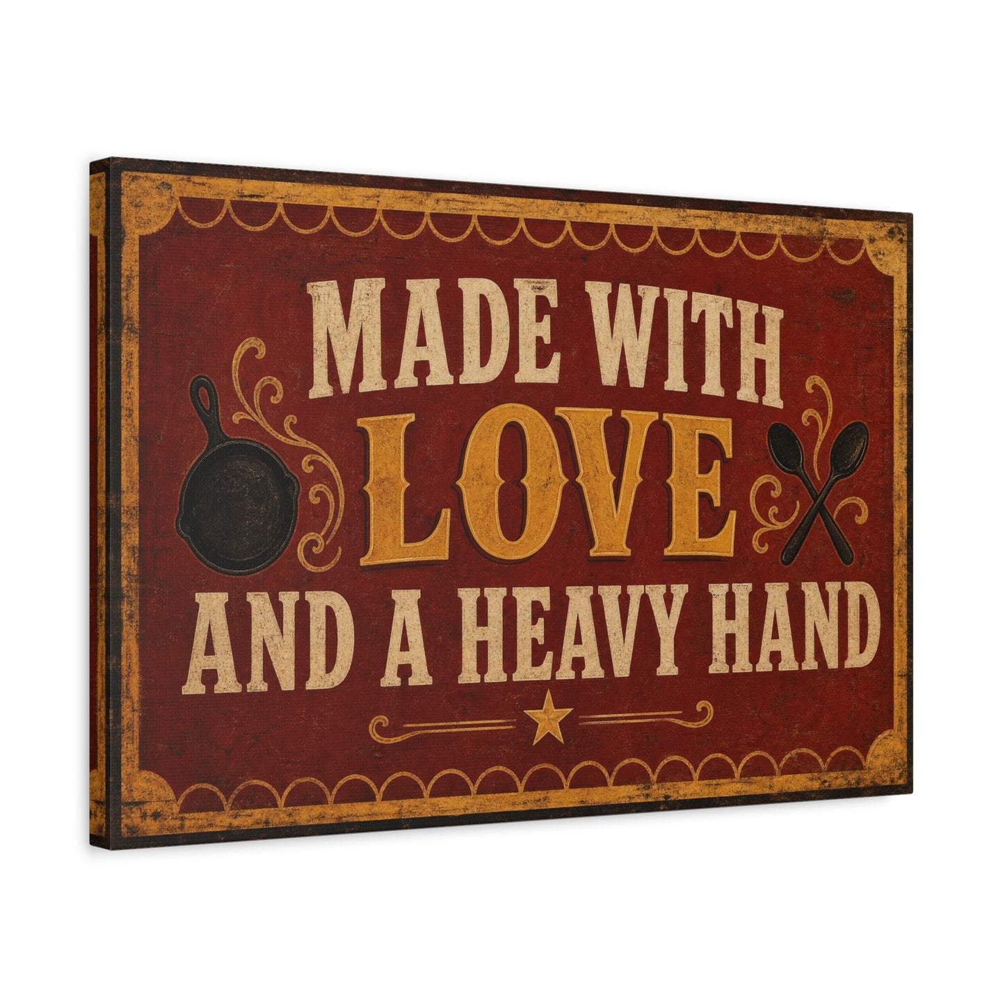 "Made With Love And A Heavy Hand" Kitchen Canvas Wall Art - Rustic Vintage Typography Print, Farmhouse Cooking Decor, Dining Room Wall Decor, Country Home Decoration - Ready to Hang - Ready to Hang