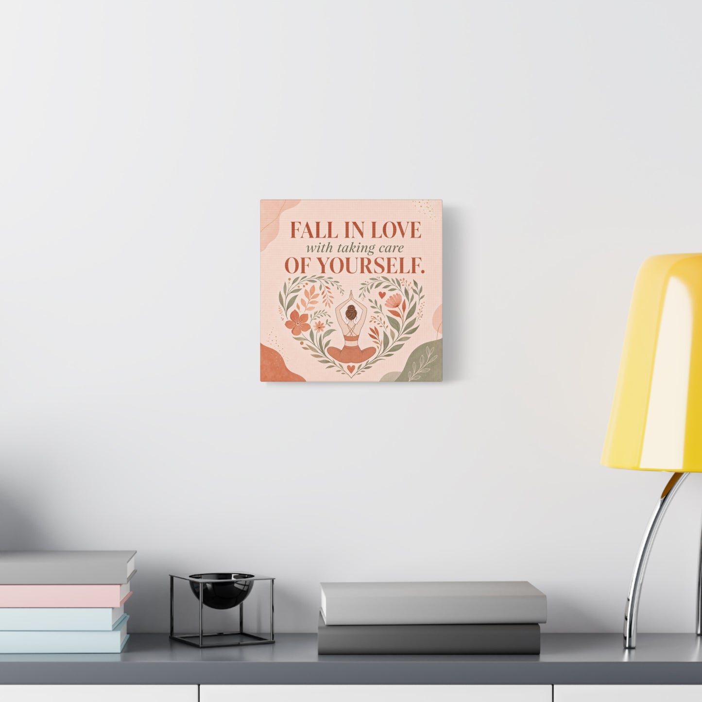 "Fall In Love With Taking Care Of Yourself." Inspirational Canvas Wall Art - Yoga Woman Floral Quote Print - Bohemian Modern Sage Blush Decor - Living Room Wall Decor - Bedroom Home Decoration