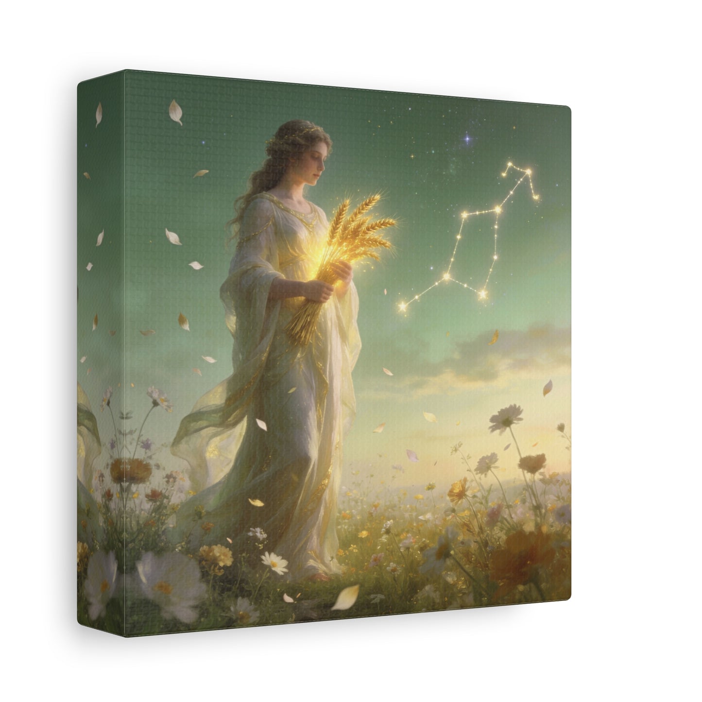 Virgo Maiden Canvas Wall Art - Celestial Wheat Goddess Illustration, Luminous Zodiac Sky, Matte Cotton Print, Bohemian Bedroom Decor, Meditation Space Accent, Ready To Hang - Living Room Wall Decor