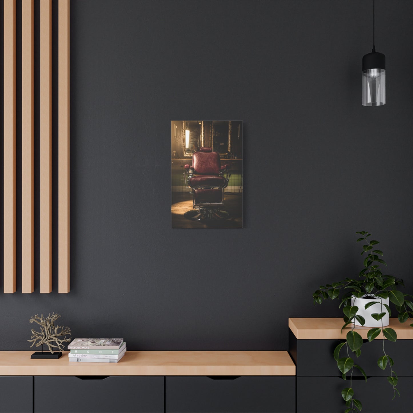 Vintage Barber Chair Canvas Print - Moody Barbershop Interior Art Print, Burgundy Leather Seat, Warm Cinematic Lighting - Rustic Contemporary Decor - Salon Wall Accent, Home Office Display