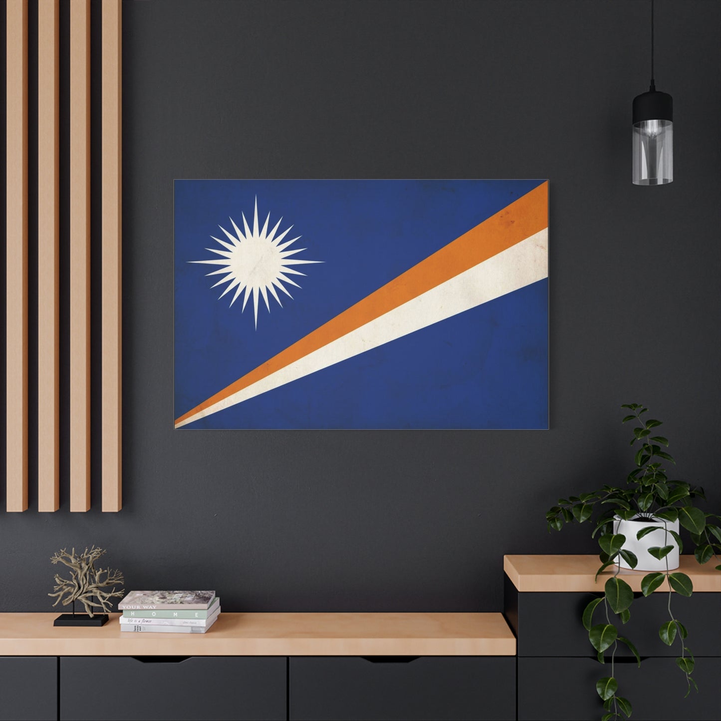 Marshall Islands Flag Canvas Wall Art - Blue Field, White Starburst, Orange Stripe - Vintage Patriotic Print - Coastal Island Decor For Living Room, Office Wall Display Accent - Modern Farmhouse Style