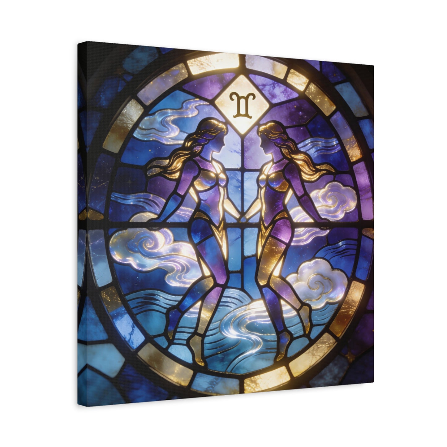 Gemini Zodiac Canvas Wall Art - Stained Glass Twin Women Celestial Print, Blue Purple Gold Astrology Decor - Modern Mystical Artwork - Bedroom Home Decoration Office Wall Art - Bedroom Home Decoration