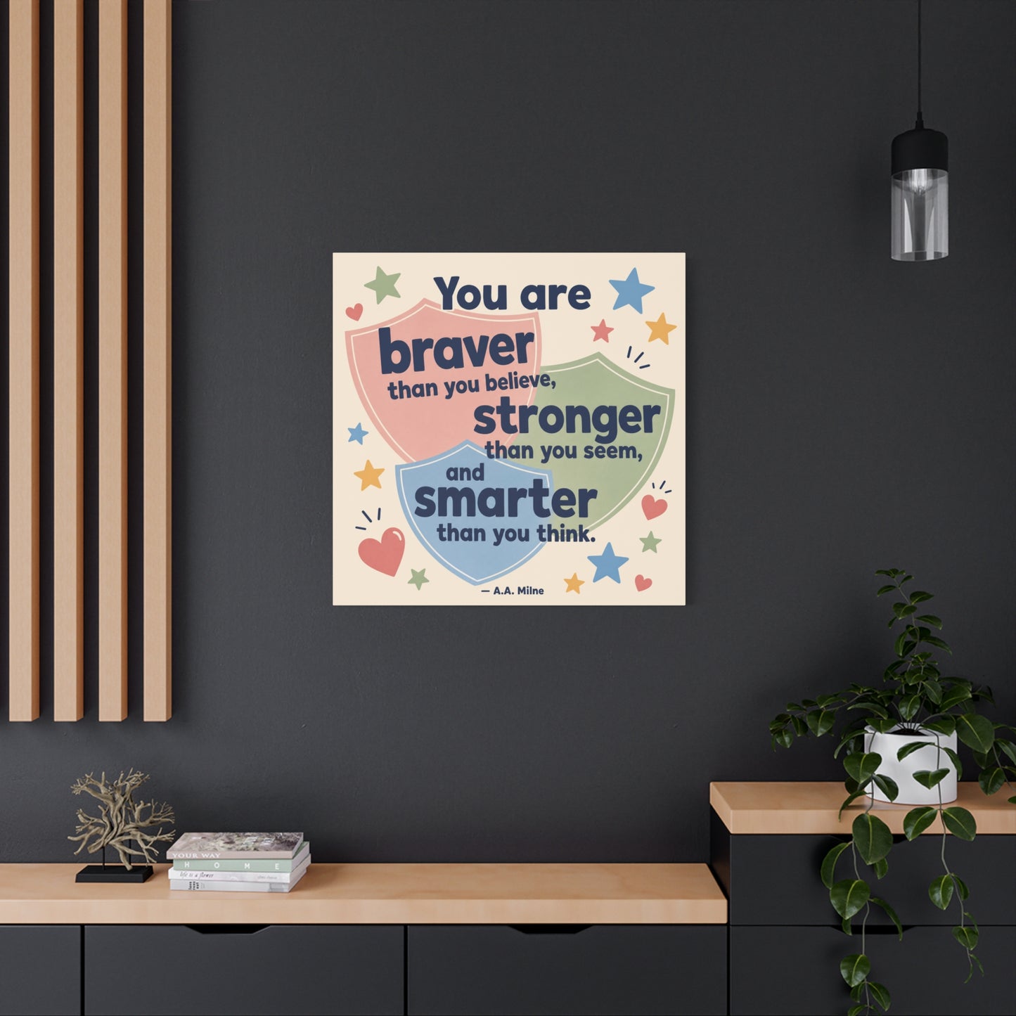 "You Are Braver, Stronger, Smarter" Quote Canvas Wall Art - Kids Inspirational Typography Print, Pastel Shield Stars Hearts Design - Nursery Bedroom Classroom Decor - Office Wall Art - Ready to Hang