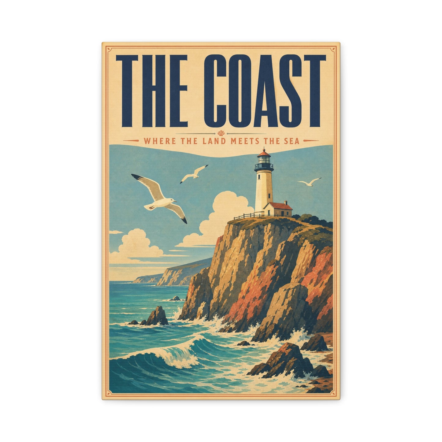 "The Coast Where The Land Meets The Sea" Canvas Wall Art - Vintage Lighthouse Seascape, Coastal Cliff Poster Style Print - Nautical Wall Decor, Beach House Living Room Decoration - Ready to Hang