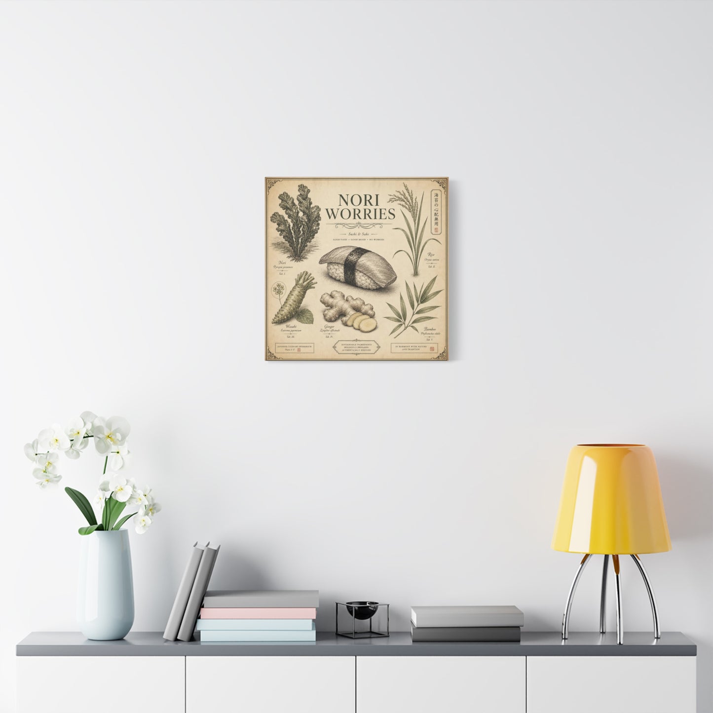 "Nori Worries" Sushi And Sake Canvas Wall Art - Vintage Japanese Culinary Herbarium Print, Rice Nori Wasabi Ginger Bamboo Illustration - Kitchen Wall Decor, Dining Room Accent - Modern Farmhouse Style