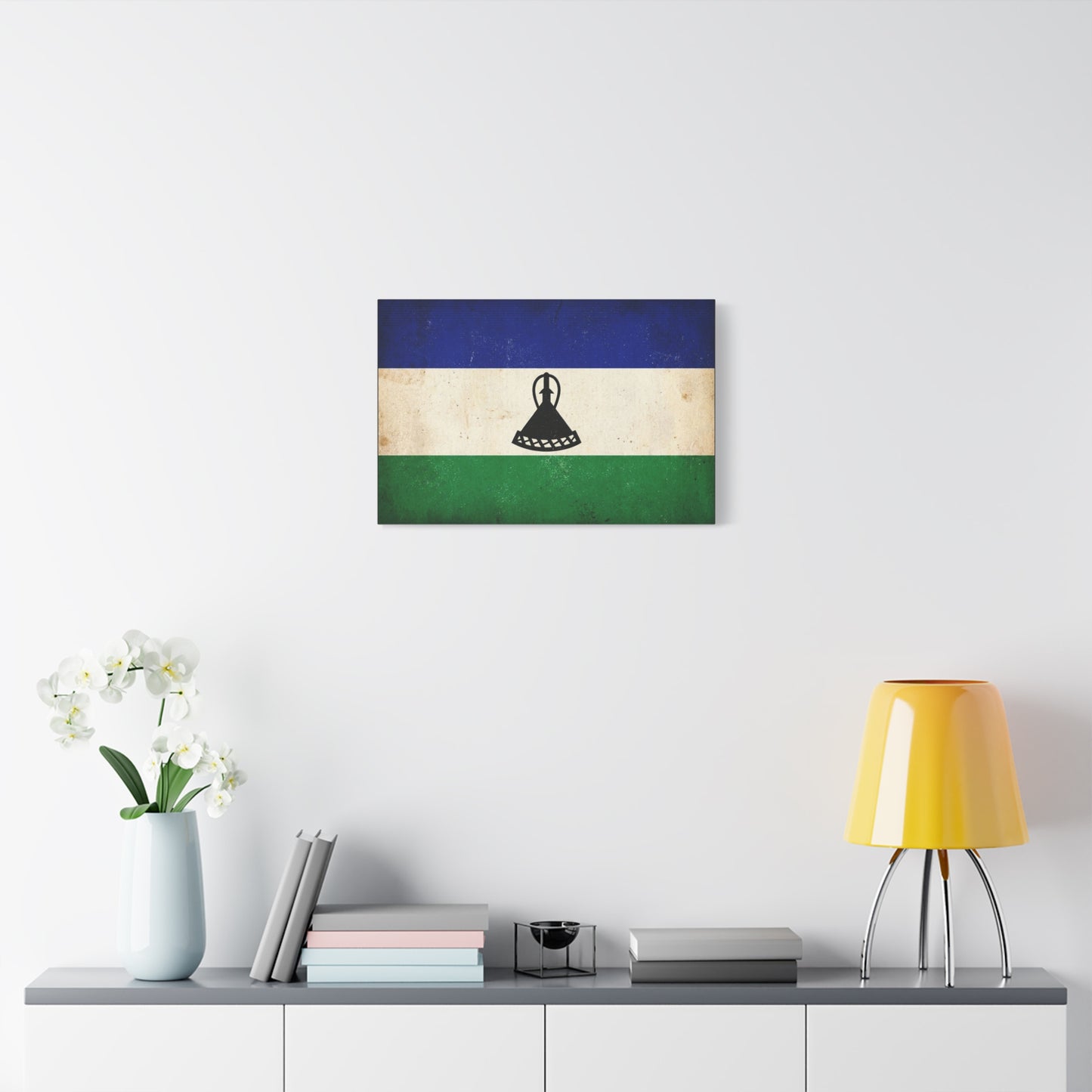 Lesotho Flag Canvas Wall Art - Vintage Blue White Green Tricolor With Basotho Hat Emblem, Distressed National Banner Print - Rustic Patriotic Decor For Living Room Bedroom Office - Office Wall Art