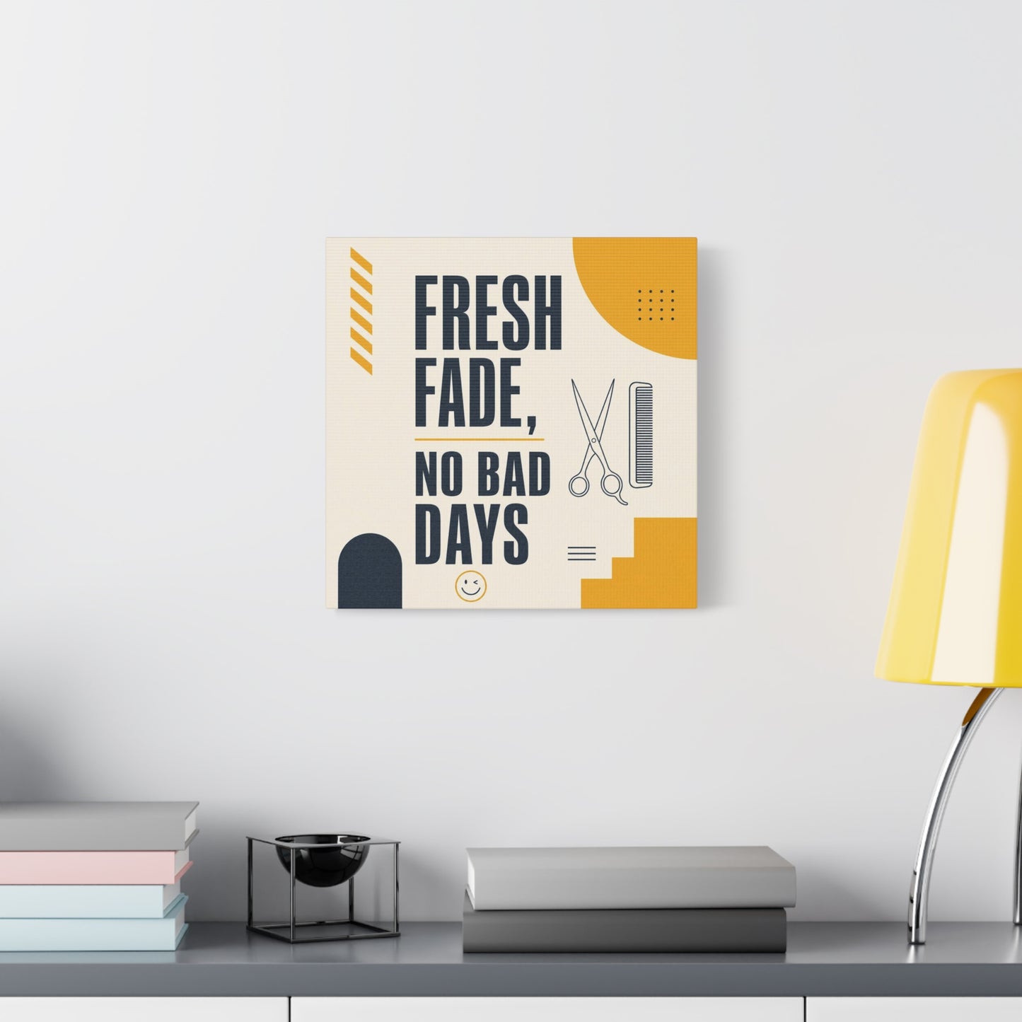 "Fresh Fade, No Bad Days" Barber Shop Canvas Wall Art - Scissors And Comb Typography Print - Modern Yellow Black Salon Decor - Workspace Wall Decor, Lobby Wall Art Accent - Gallery Wrapped Canvas