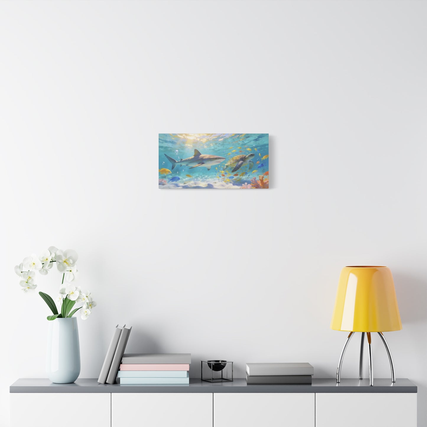 Shark Sea Turtle Canvas Wall Art - Tropical Underwater Ocean Scene, Colorful Fish Coral Reef - Matte Coastal Style - Living Room Wall Decor, Bedroom Home Decoration - Bedroom Home Decoration