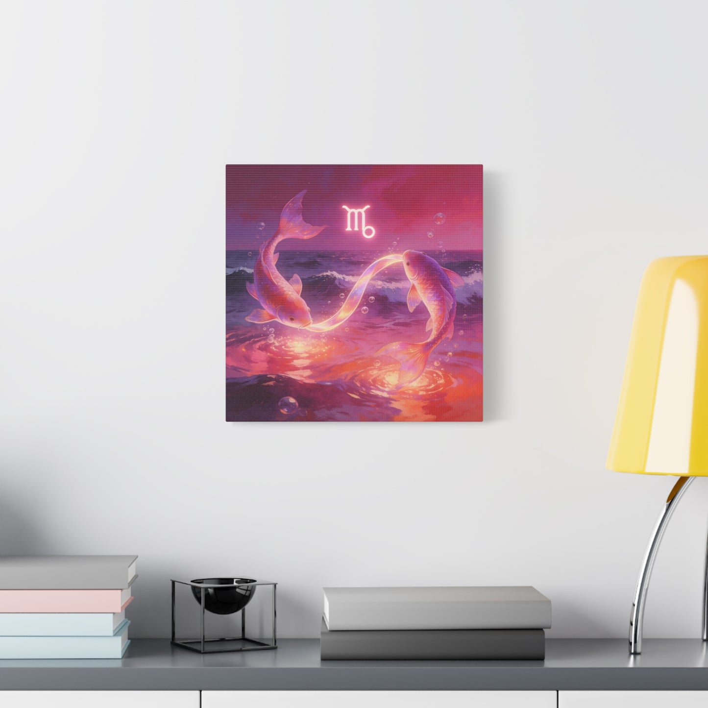 Scorpio Zodiac Canvas Wall Art - Glowing Koi Fish Ocean Illustration, Pink Purple Celestial Water Scene - Modern Fantasy Decor - Bedroom Home Decoration, Living Room Accent - Living Room Wall Decor
