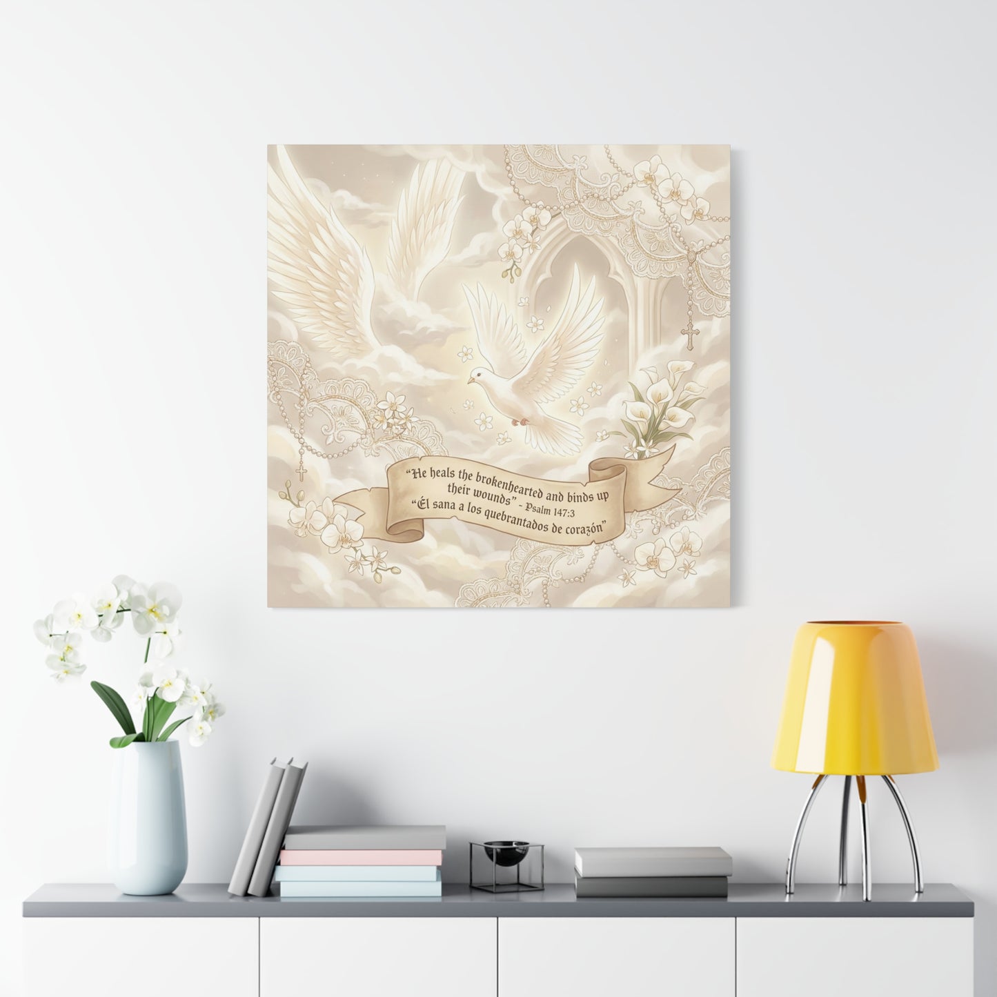 "He Heals The Brokenhearted And Binds Up Their Wounds" Canvas Wall Art - Dove, Cross, Psalm 147:3 Scripture Print - Beige Floral Christian Decor - Bedroom Living Room Home Decoration - Office Wall Art