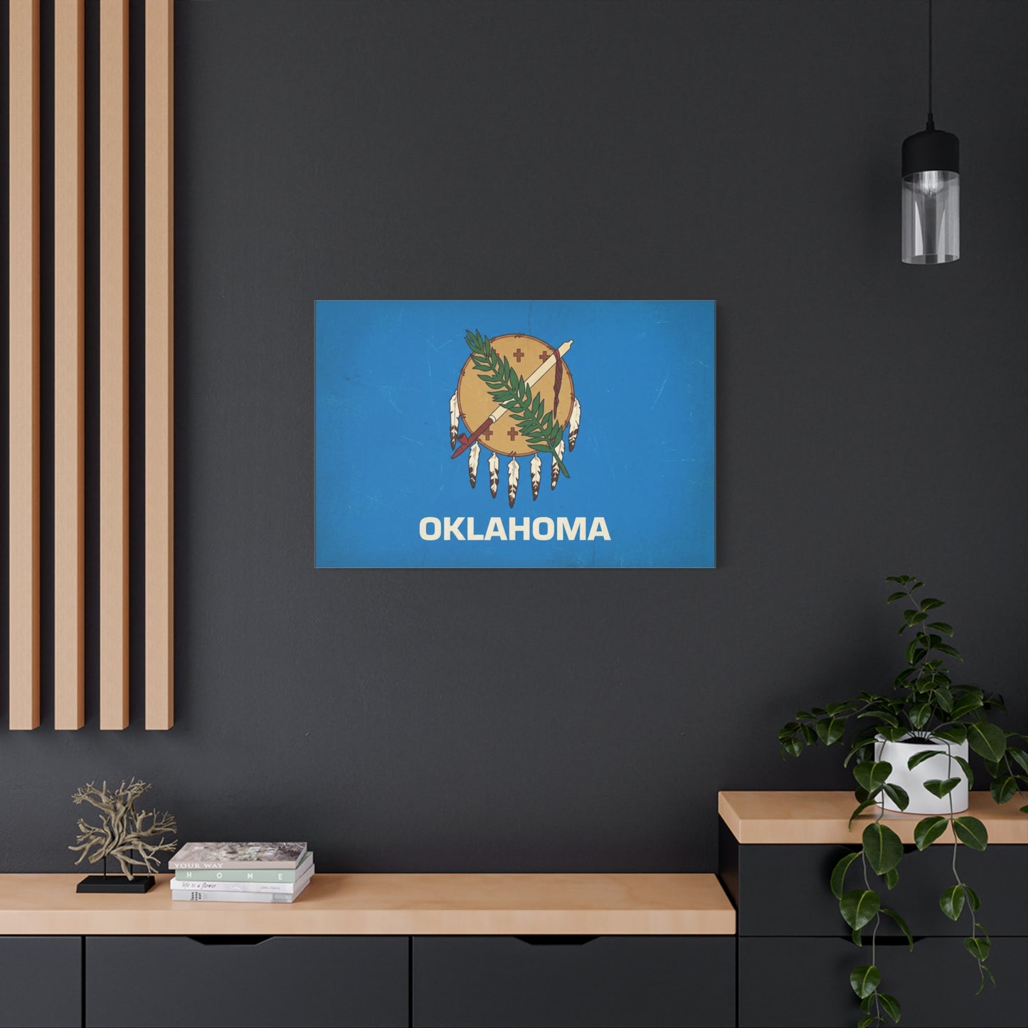 "OKLAHOMA" State Flag Canvas Wall Art - Vintage Blue Shield, Olive Branch And Peace Pipe Print - Rustic Americana Style - Living Room Decor, Office Wall Accent - Ready to Hang - Modern Farmhouse Style