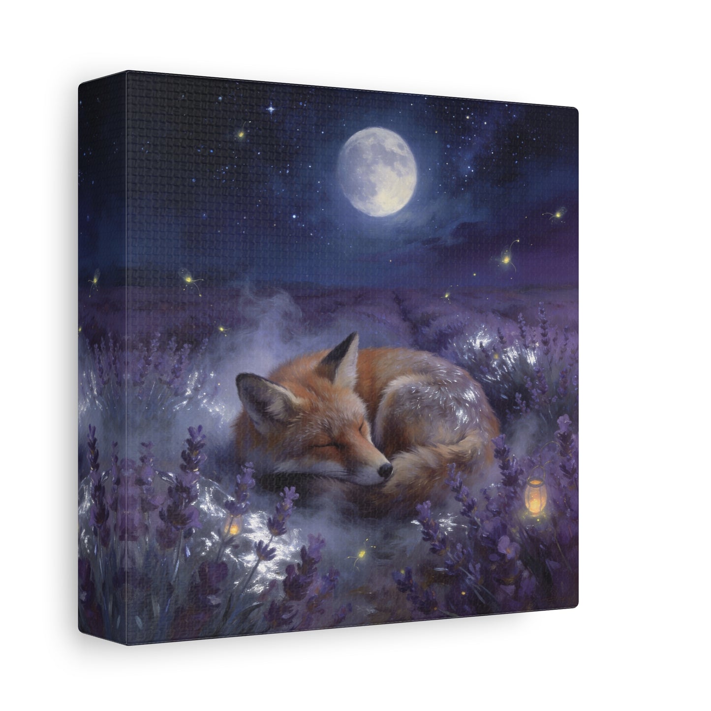 Sleeping Red Fox Canvas Wall Art - Moonlit Lavender Field, Fireflies, Starry Night Sky - Dreamy Woodland Animal Print - Matte Finish Canvas - Bedroom Wall Decor, Nursery Accent - Cozy Reading Nook Art