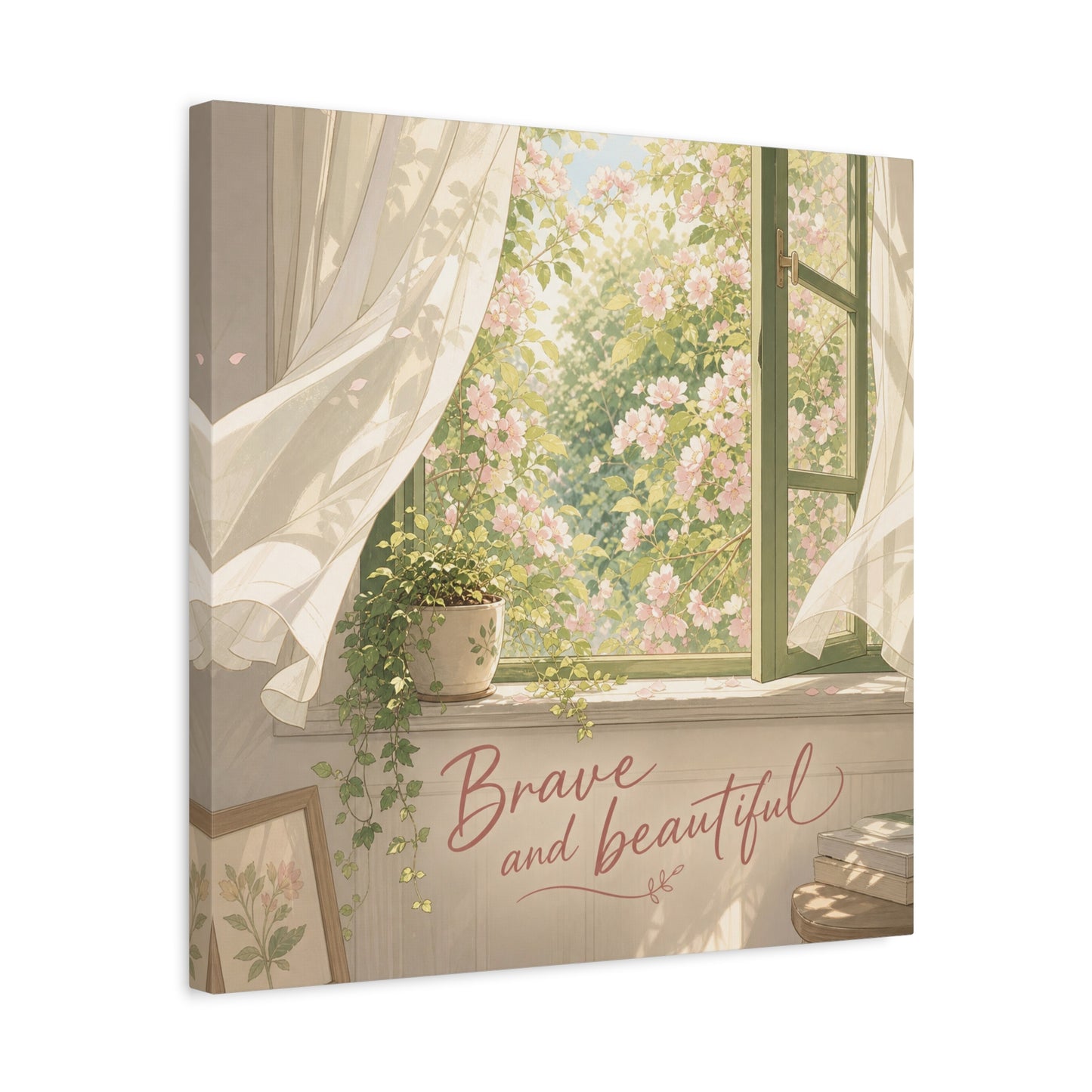 "Brave And Beautiful" Inspirational Canvas Wall Art - Open Window Pink Blossoms, Sheer Curtains, Botanical Quote Print - Soft Vintage Style - Bedroom Wall Decor, Living Room Accent - Ready to Hang