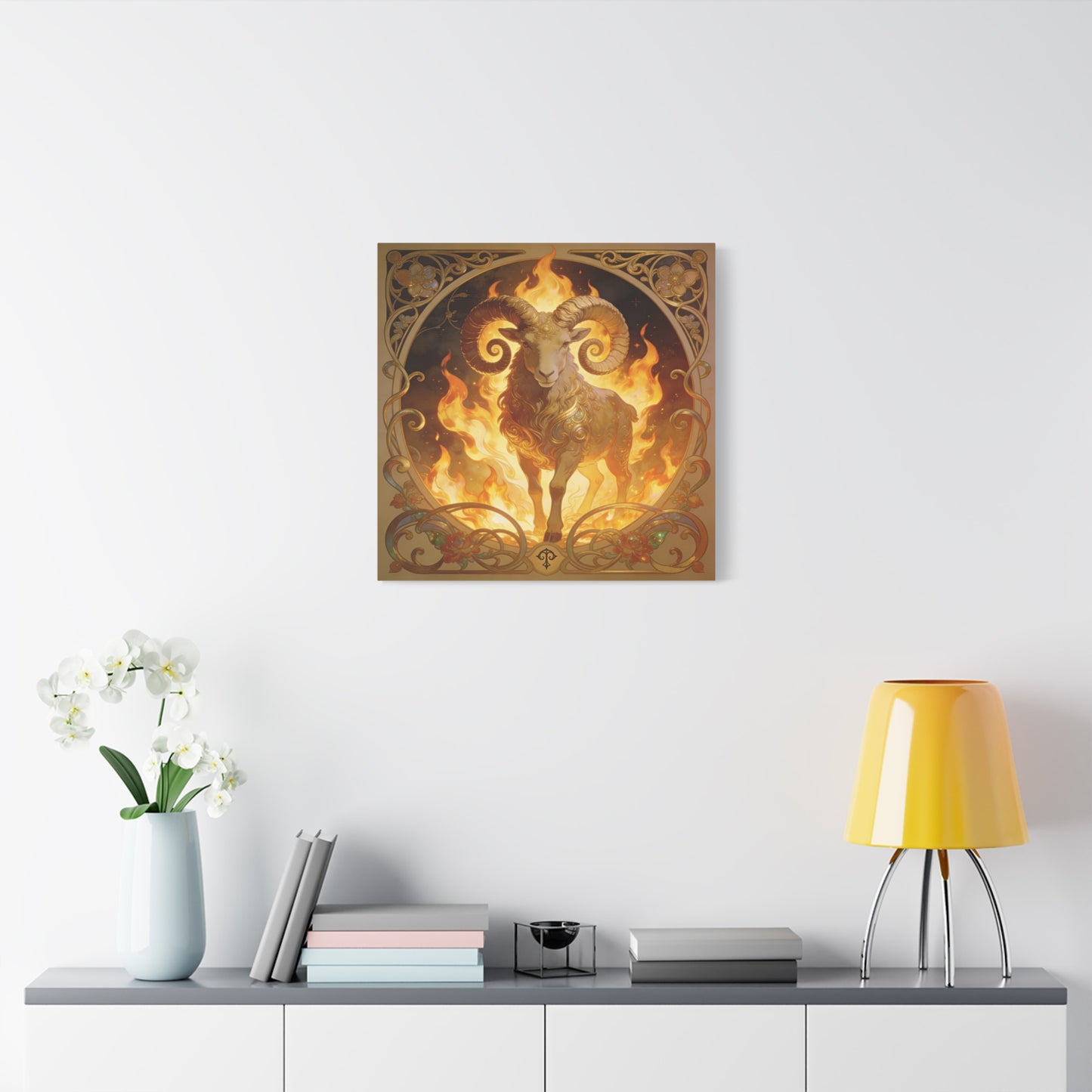 Aries Ram Canvas Wall Art - Fiery Zodiac Illustration, Ornate Gold Nouveau Design - Matte Cotton Art Print - Bohemian Astrology Decor, Bedroom Home Decoration, Office Wall Art - Modern Farmhouse Style