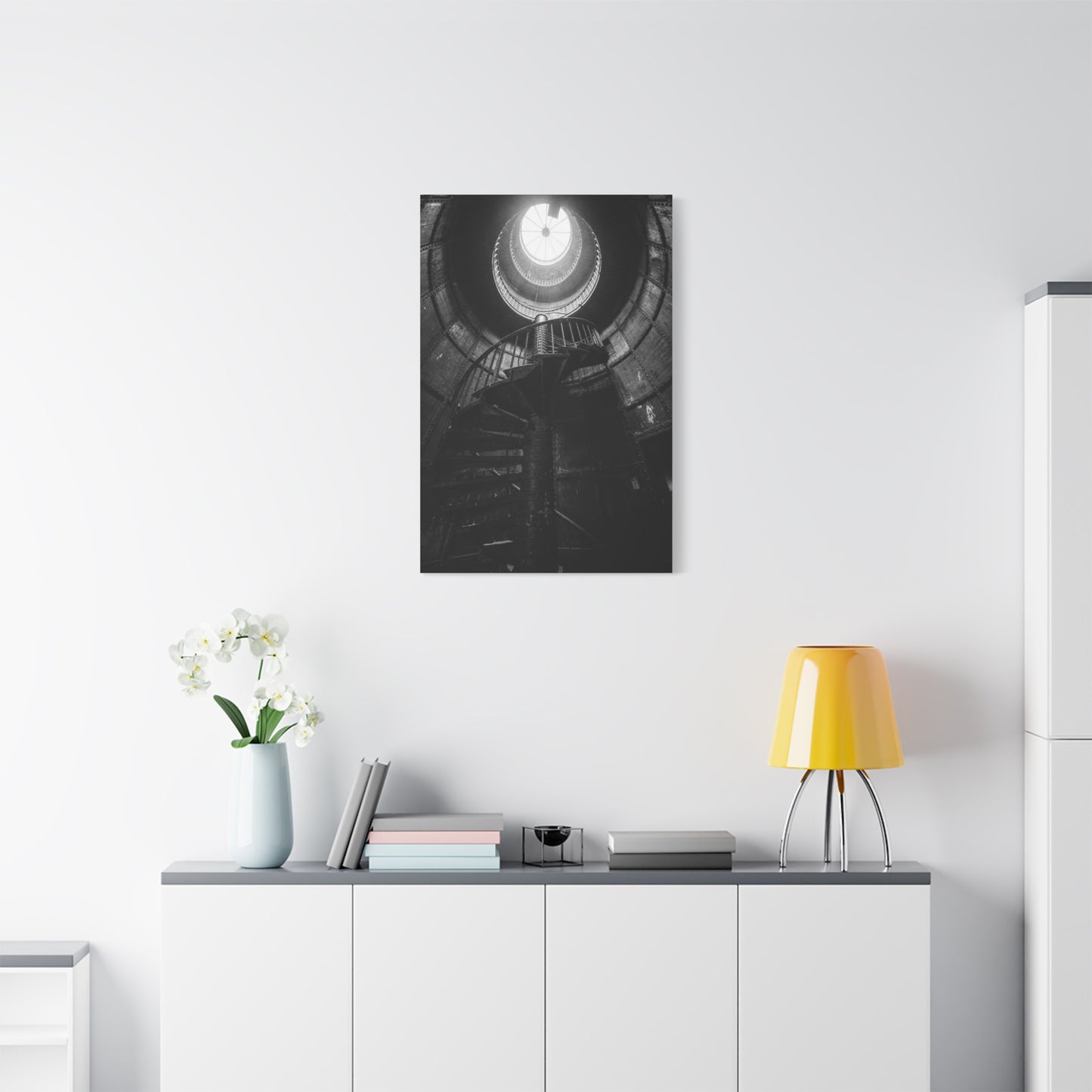 Black And White Spiral Staircase Canvas Wall Art - Architectural Art Print, Industrial Contemporary Style, Moody Home Decor, Home Office Wall Art, Living Room Accent - Modern Farmhouse Style
