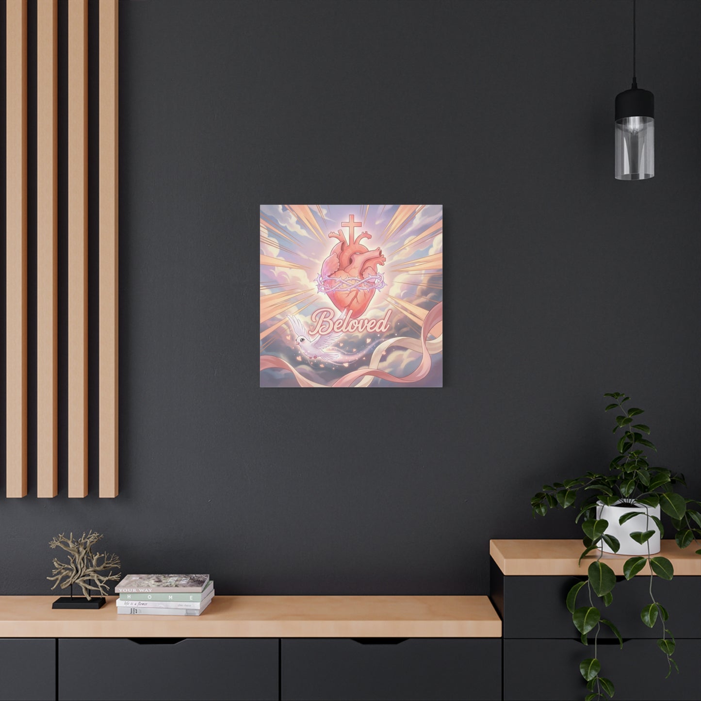 "Beloved" Sacred Heart Canvas Wall Art - Cross, Dove, Crown Of Thorns Christian Decor - Pink Pastel Religious Print - Inspirational Bedroom Home Decoration, Living Room Wall Decor - Ready to Hang