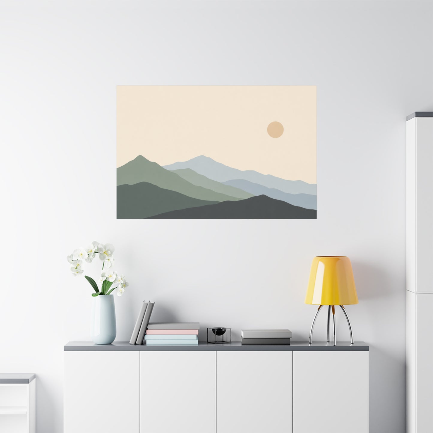 Minimalist Mountain Landscape Canvas Wall Art - Layered Blue Green Hills, Soft Sun - Contemporary Nature Print, Living Room Wall Decor, Bedroom Home Decoration, Office Art - Bedroom Home Decoration