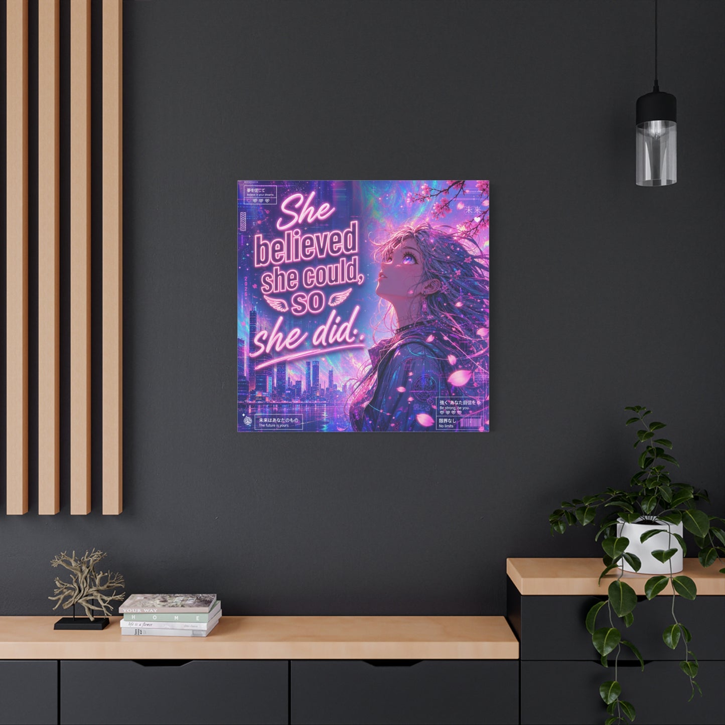 "She Believed She Could, So She Did" Anime Girl Canvas Wall Art - Neon Sakura Cityscape, Inspirational Typography Print - Contemporary Bedroom Wall Decor, Teenager Room Decor - Bedroom Home Decoration