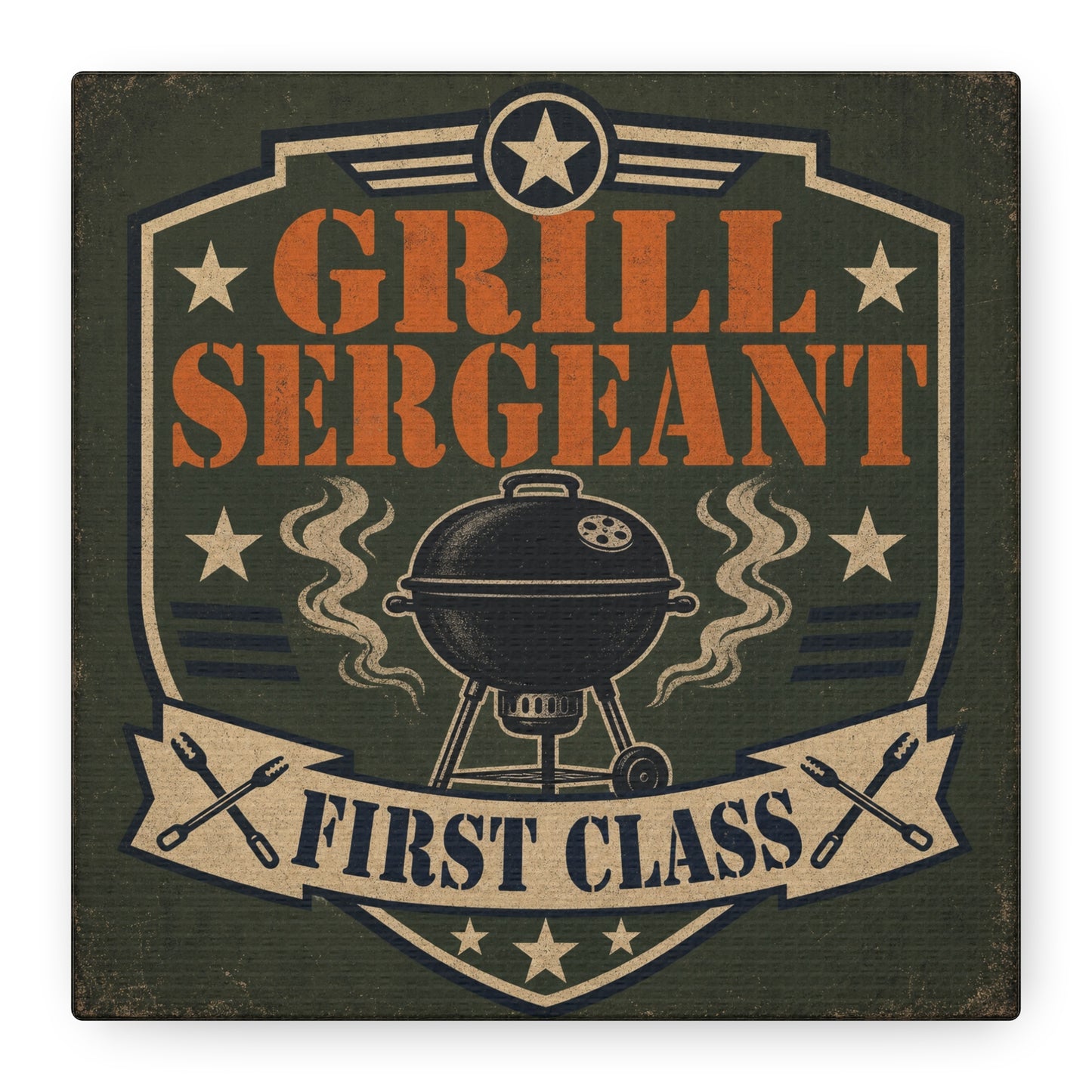 "Grill Sergeant First Class" BBQ Canvas Wall Art - Vintage Grill Badge Sign, Rustic Patriotic Kitchen Decor, Retro Barbecue Poster Style, Man Cave Wall Decor - Ready to Hang - Bedroom Home Decoration