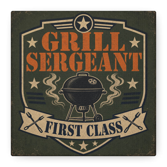 "Grill Sergeant First Class" BBQ Canvas Wall Art - Vintage Grill Badge Sign, Rustic Patriotic Kitchen Decor, Retro Barbecue Poster Style, Man Cave Wall Decor - Ready to Hang - Bedroom Home Decoration
