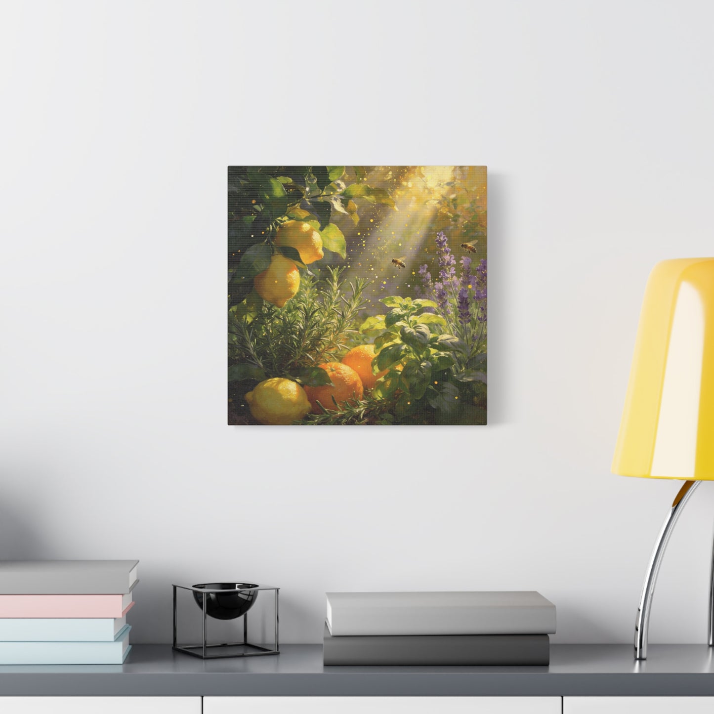 Lemon Herb Garden Canvas Wall Art - Bees, Lavender, Rosemary, Sunlit Botanical Painting - Matte Cotton Print, Rustic Farmhouse Style - Kitchen Wall Decor, Dining Room Accent - Bedroom Home Decoration