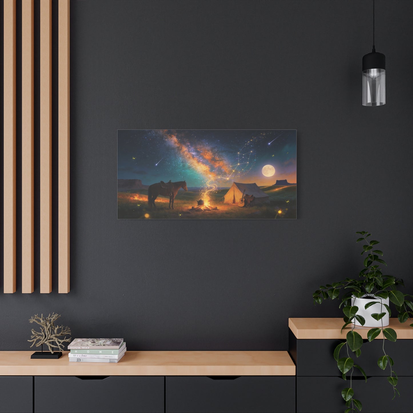 Western Night Sky Canvas Wall Art - Horse, Tent, Campfire And Milky Way Constellation - Dreamy Cosmic Desert Landscape - Modern Home Decor For Living Room, Bedroom, Office - Living Room Wall Decor