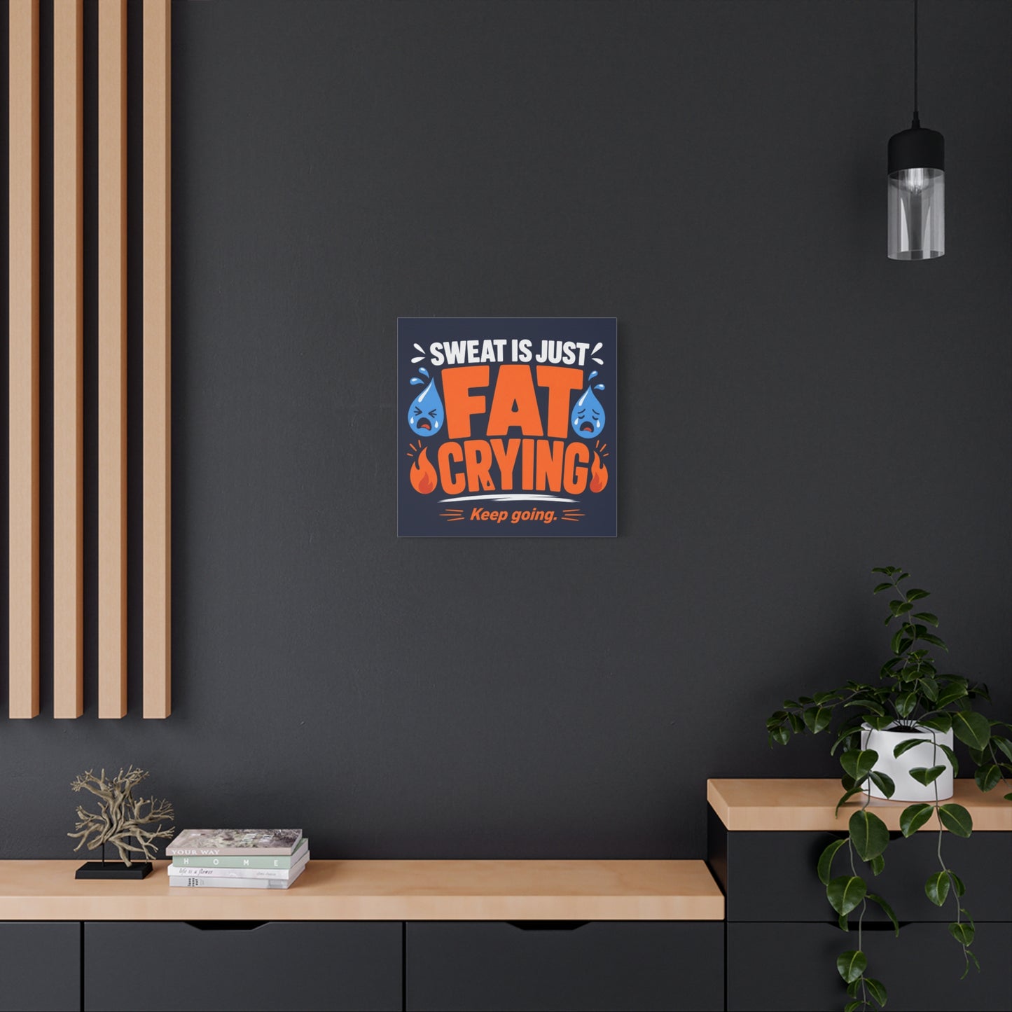 "Sweat Is Just Fat Crying Keep Going" Typography Canvas Wall Art - Funny Gym Motivation Quote Print, Navy Orange Blue Workout Decor - Modern Home Office Wall Decor - Ready to Hang - Ready to Hang
