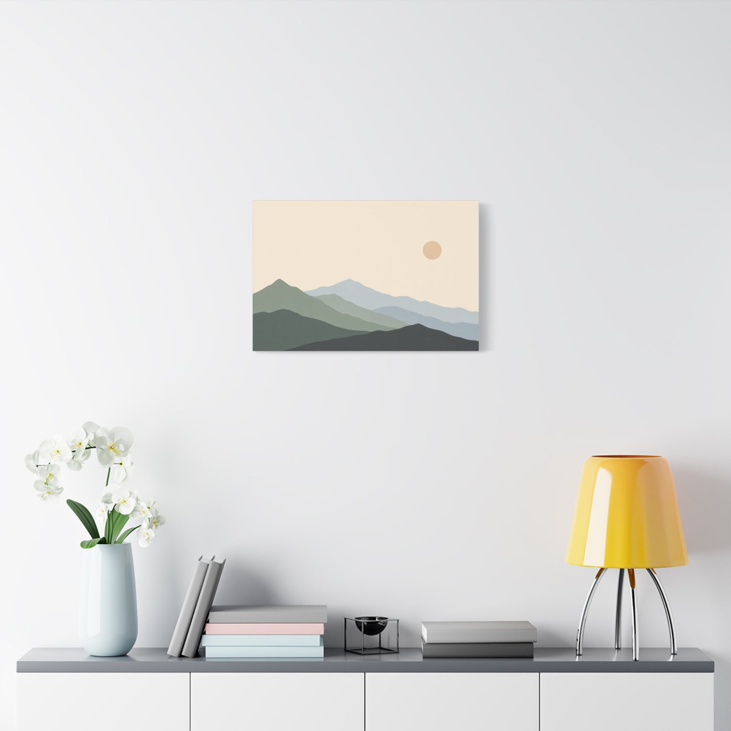 Minimalist Mountain Landscape Canvas Wall Art - Layered Blue Green Hills, Soft Sun - Contemporary Nature Print, Living Room Wall Decor, Bedroom Home Decoration, Office Art - Bedroom Home Decoration