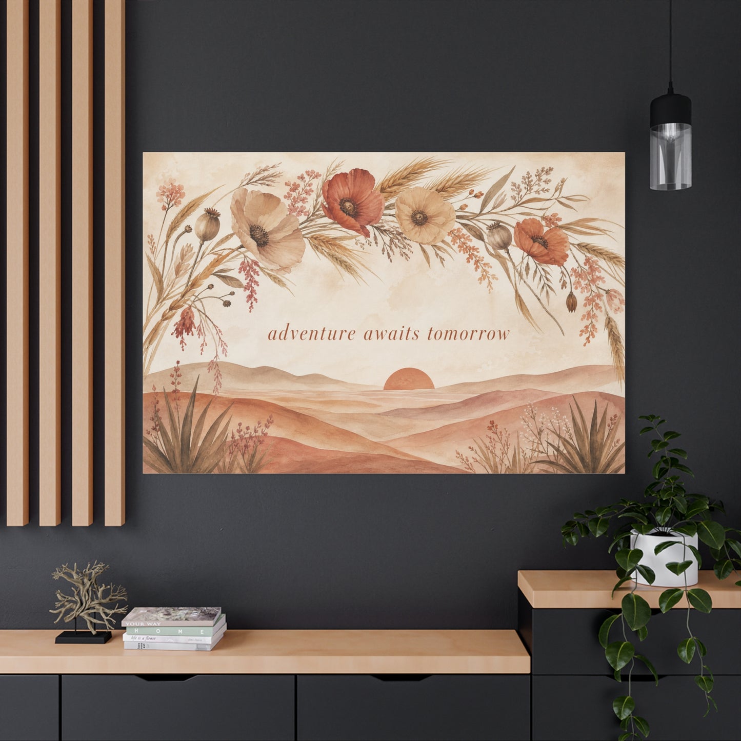 "Adventure Awaits Tomorrow" Poppy Flower Canvas Wall Art - Boho Botanical Desert Sunset Quote Print - Warm Neutral Watercolor Landscape - Bedroom Wall Decor, Living Room Home Accent - Ready to Hang