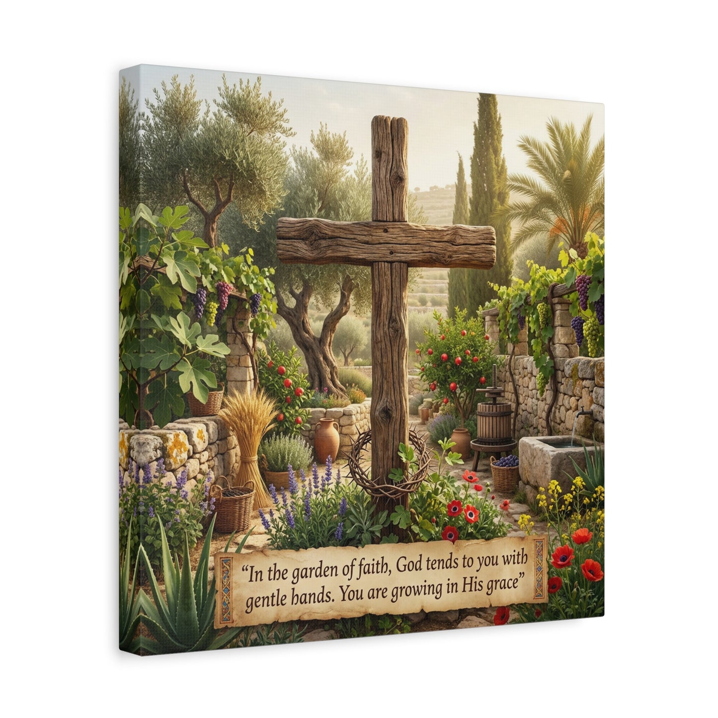 "In The Garden Of Faith, God Tends To You With Gentle Hands. You Are Growing In His Grace" Canvas Wall Art - Rustic Wooden Cross, Christian Garden Scene - Living Room Wall Decor - Ready to Hang